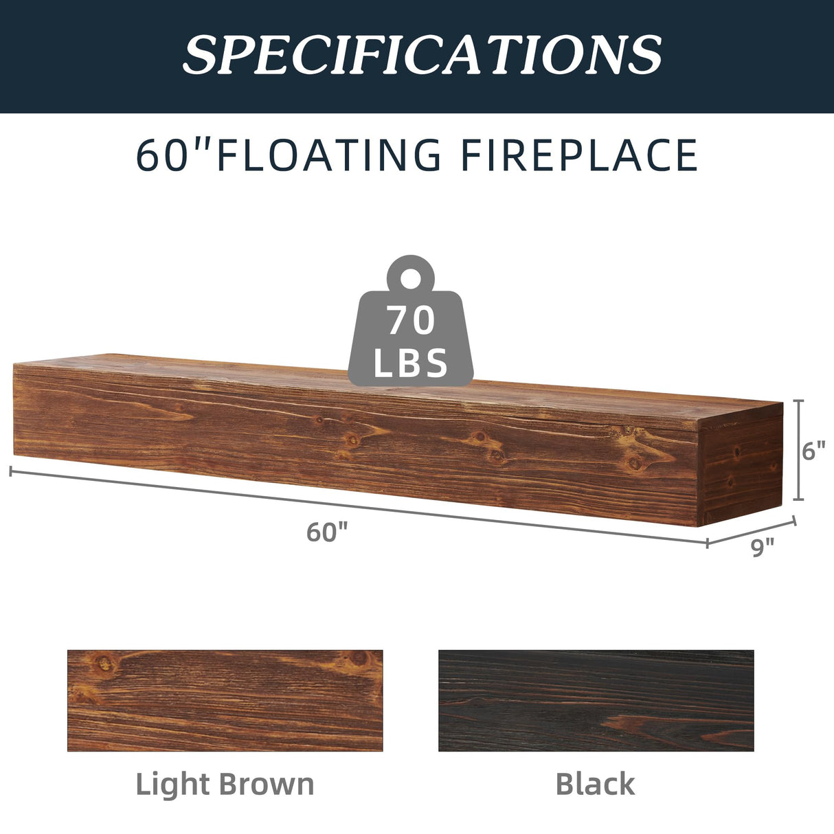 CuisinSmart 60 inches Wood Fireplace Mantel for Farmhouse,Floating Shelves for Place Art Photo,Rustic Natural Wood Mantle for Over Fireplace 60 x 9 x 6 inches Dark Woodgrain CuisinSmart