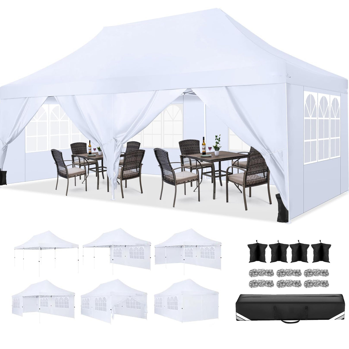 COBIZI Canopy 10x20 Pop Up Canopy Tent with 6 Sidewalls, Waterproof Commercial Canopy Ez Outdoor Instant Gazebo UV Protection 50+ Event Shelter, Garden Tents for Parties with Sandbags, White COBIZI