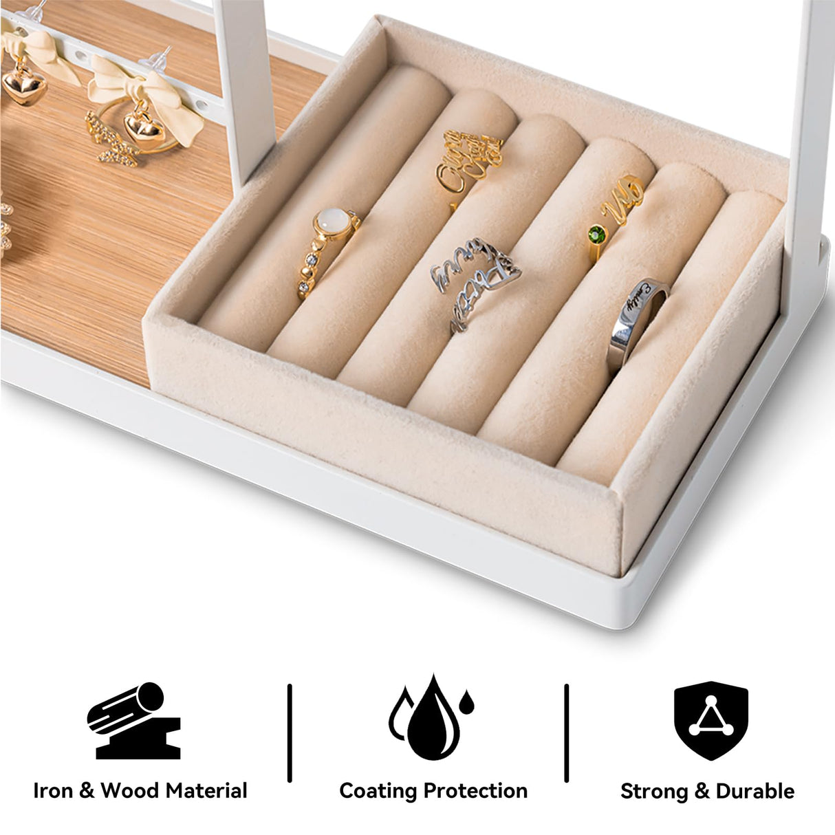 DreamGenius Jewelry Organizer Stand with Velvet Ring Holder, 4 Tier Jewelry Holder Organizer with 15 Hooks for Necklaces and 16 Holes for Earrings, White DreamGenius