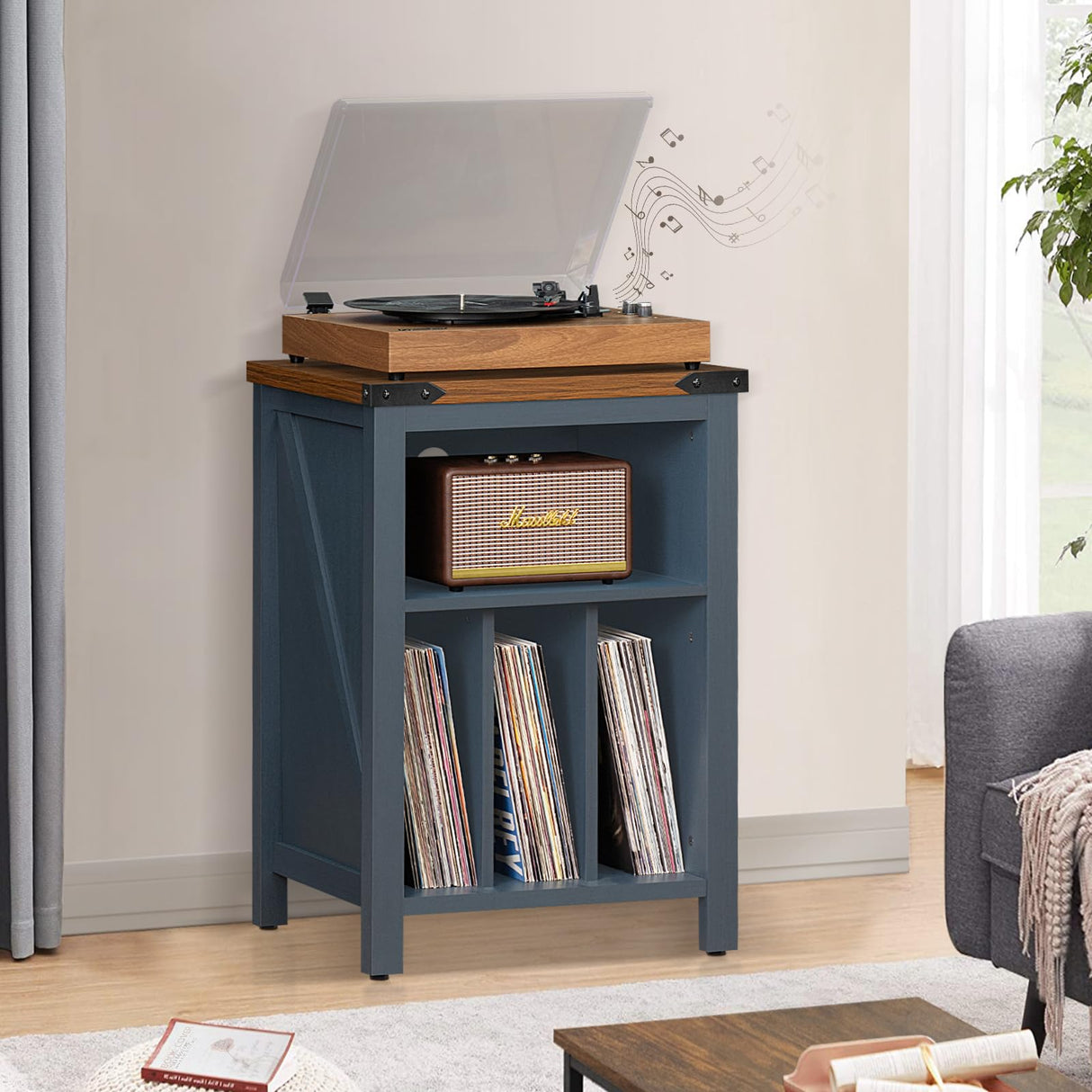 Record Player Stand with Vinyl Record Storage Holds up to 160 Albums,Large Wood Record Player Table Dispaly Shelf,Blue Turntable Stand Cabinet for Living Room,Bedroom,Office 9 Joaxswe