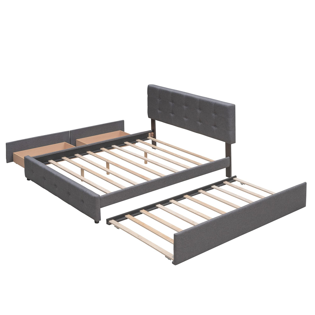 Queen Size Platform Bed, Linen Fabric Upholstered Platform Bed Frame with 2 Storage Drawers and 1 Twin XL Trundle, for Kids/Teen/Adults, Wooden Slats Support (Dark Gray, Linen) Bellemave