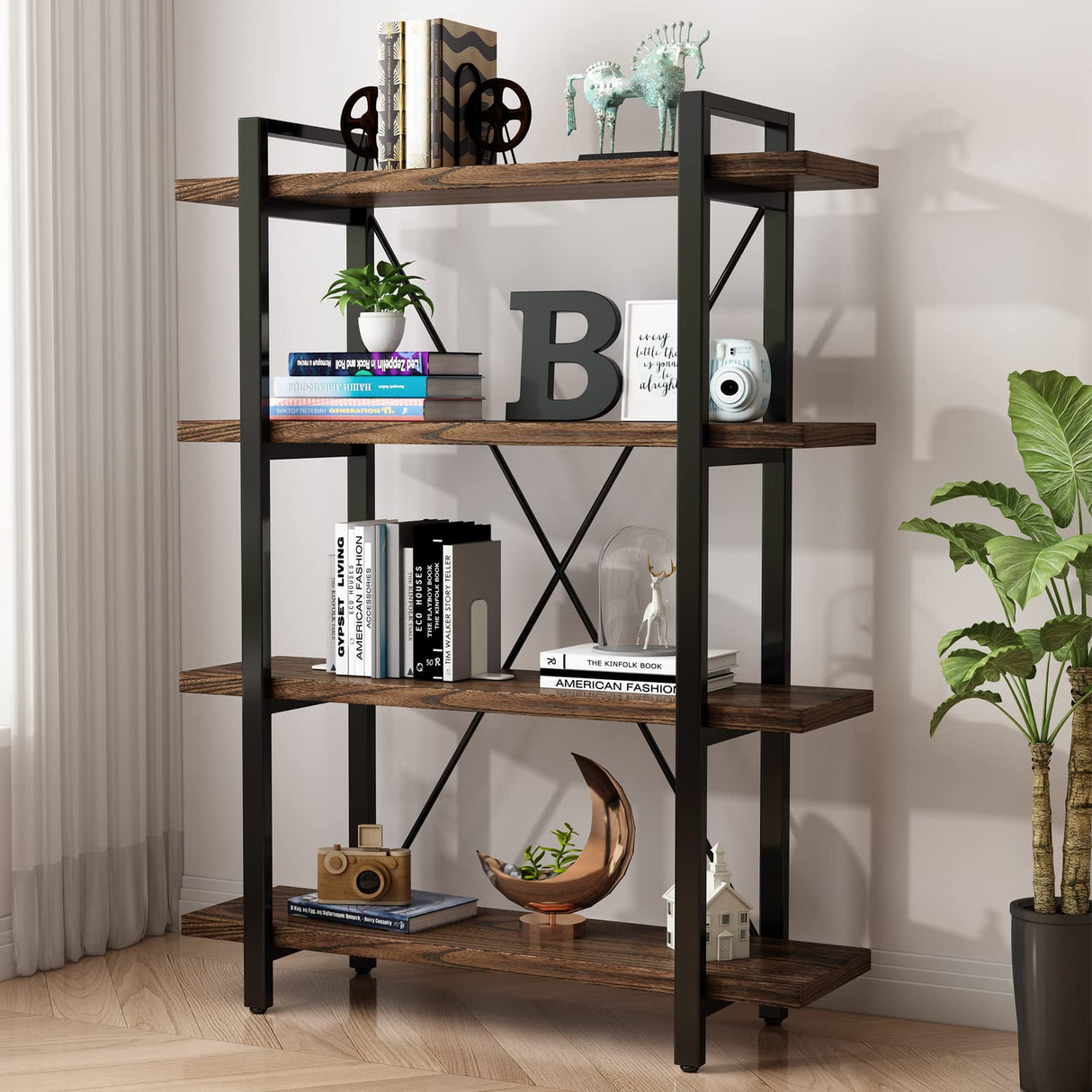 Rustic Solid Wood 4-Tier Bookshelf with Metal Frame – Distressed Brown Finish AY-AOYUAN