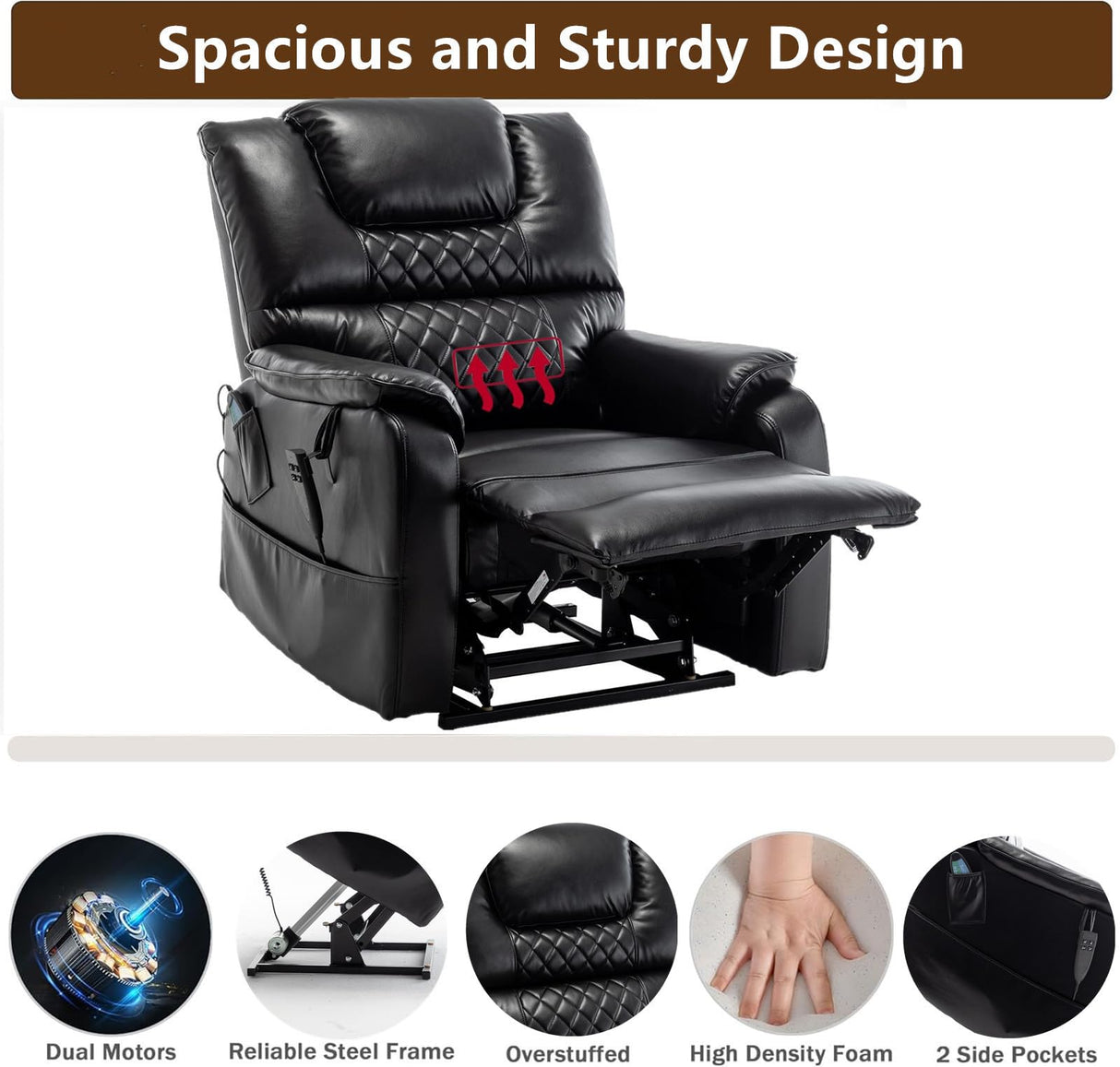 LITVZ Recliner with Lift Assist for Seniors, Heavy Duty Lay Flat Recliner 180-Degree, Dual Motor Power Stand Up Lift Chair with Massage and Heat, Infinite Position Electric Recliner Chair for Elderly LITVZ