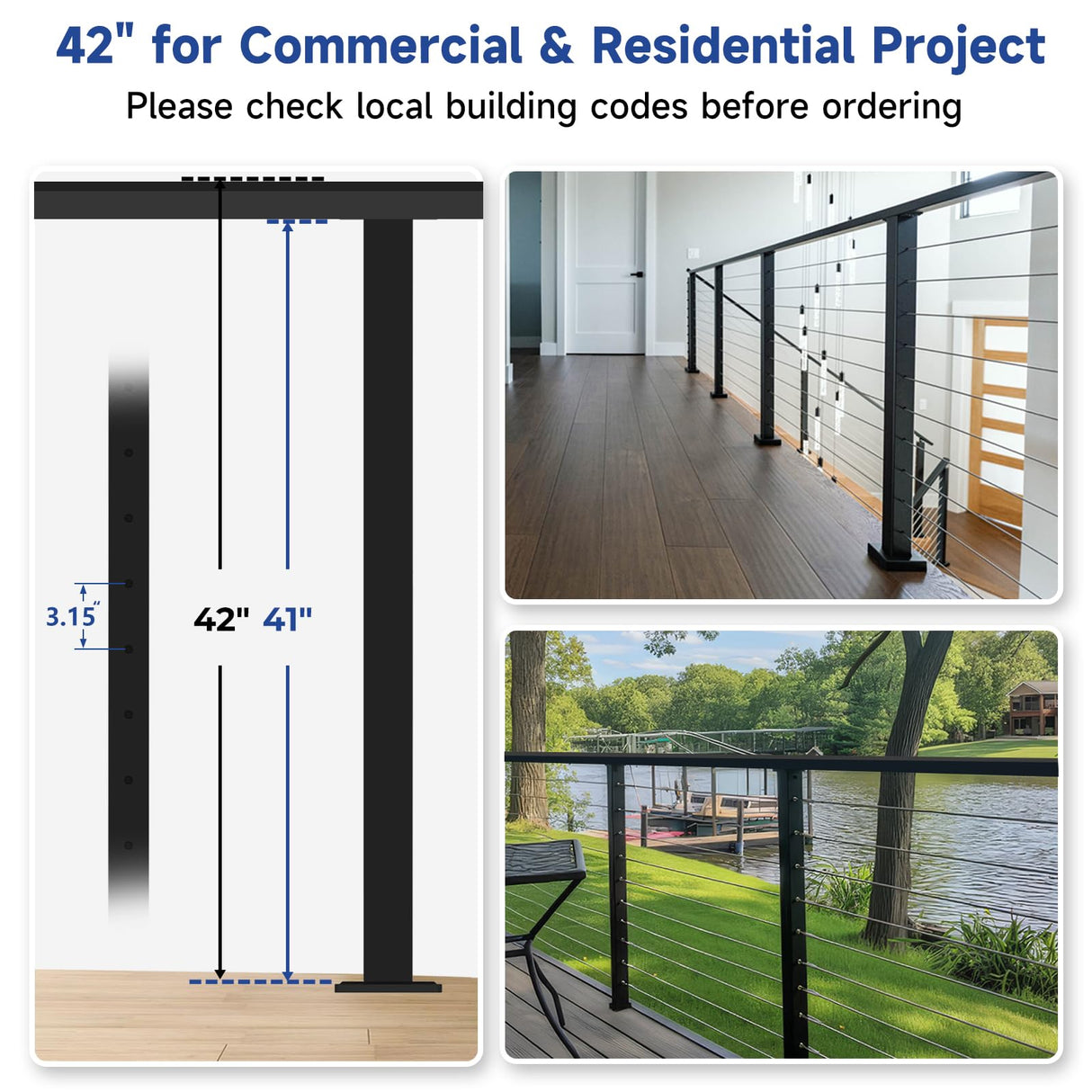 Gyykzz 42" Cable Railing Post 2 Pack, Matte Black Stainless Steel T304 Level Drilled Railing Posts for Cable Railing Kit System, Flat Top Heavy-Duty Deck Post for Indoor Outdoor with Cable Grommets Gyykzz