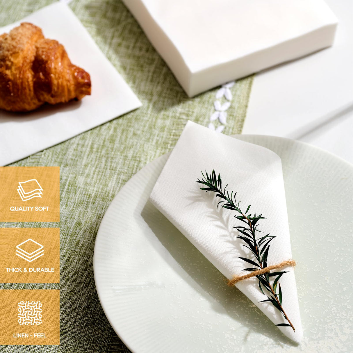 FOCUSLINE 100 Count Linen-Feel Disposable Cocktail Napkins -Square White Beverage Napkins - Soft and Absorbent Bulk Party Paper Napkins for Bar, Restaurant, Café, Wedding, Dinner or Events FOCUSLINE