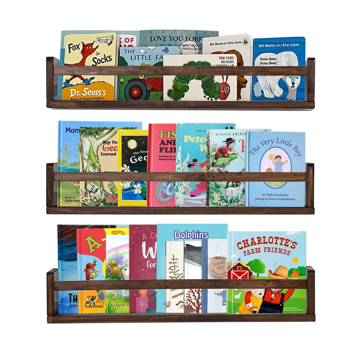 AZSKY Nursery Book Shelves 24 in Set of 3 Walnut Floating Bookshelf for Kids Room Wall Mounted Floating Shelves Solid Nursery Bookshelf Perfect Decor for Kitchen Bedroom Living Room AZSKY