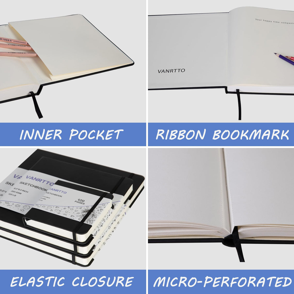 Hardcover Square Sketch Book, 120lb/200GSM Sketchbook Thick Drawing Paper for Marker Watercolor Pencil Mixed Media, Premium Drawing Notebook, Art Journal, 60 Sheets/120 Pages 8x8 Inch Sketch Pad VANRTTO