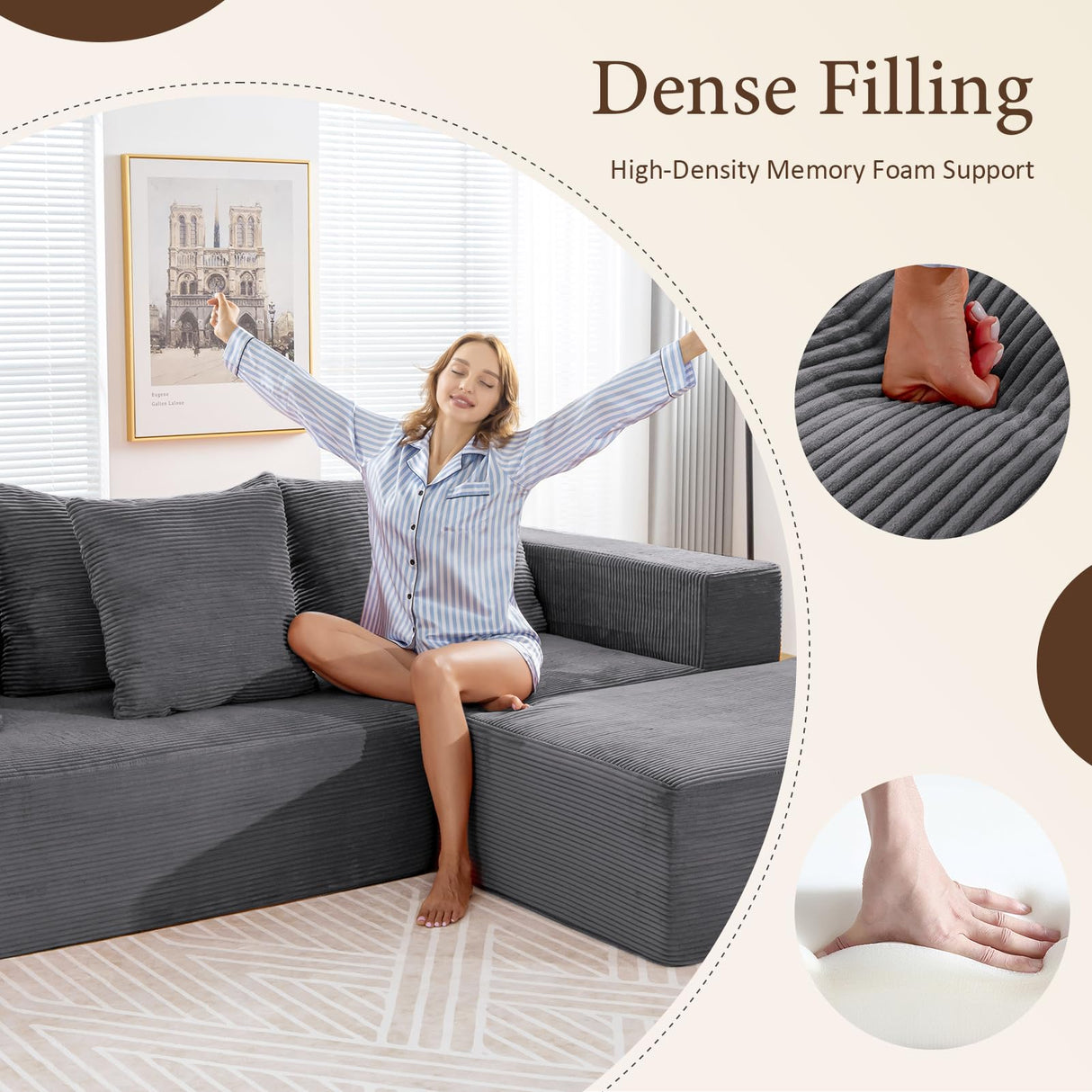 INGEROOM 108" Cloud Sectional Couch with L-Shape Chaise, Modular Sofa Memory Foam, Boneless Sofa with Movable Ottoman, Upholstered Couches for Living Room Bedroom, No Assembly Required, Dark Gray INGEROOM