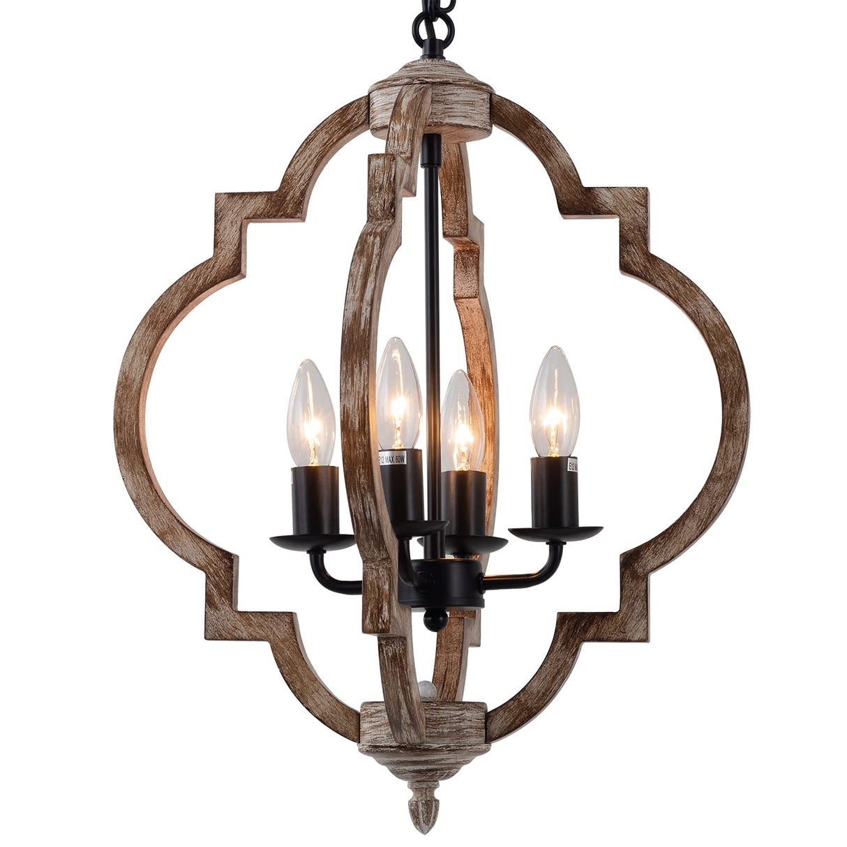 16.14" 4-Light Farmhouse Wood Chandelier, Rustic Orb Pendant Lighting Fixture with Adjustable Chain, Vintage Ceiling Hanging Lights for Foyer Entryway Dining Room Kitchen Island, Handmade Oak Finish Neechicx
