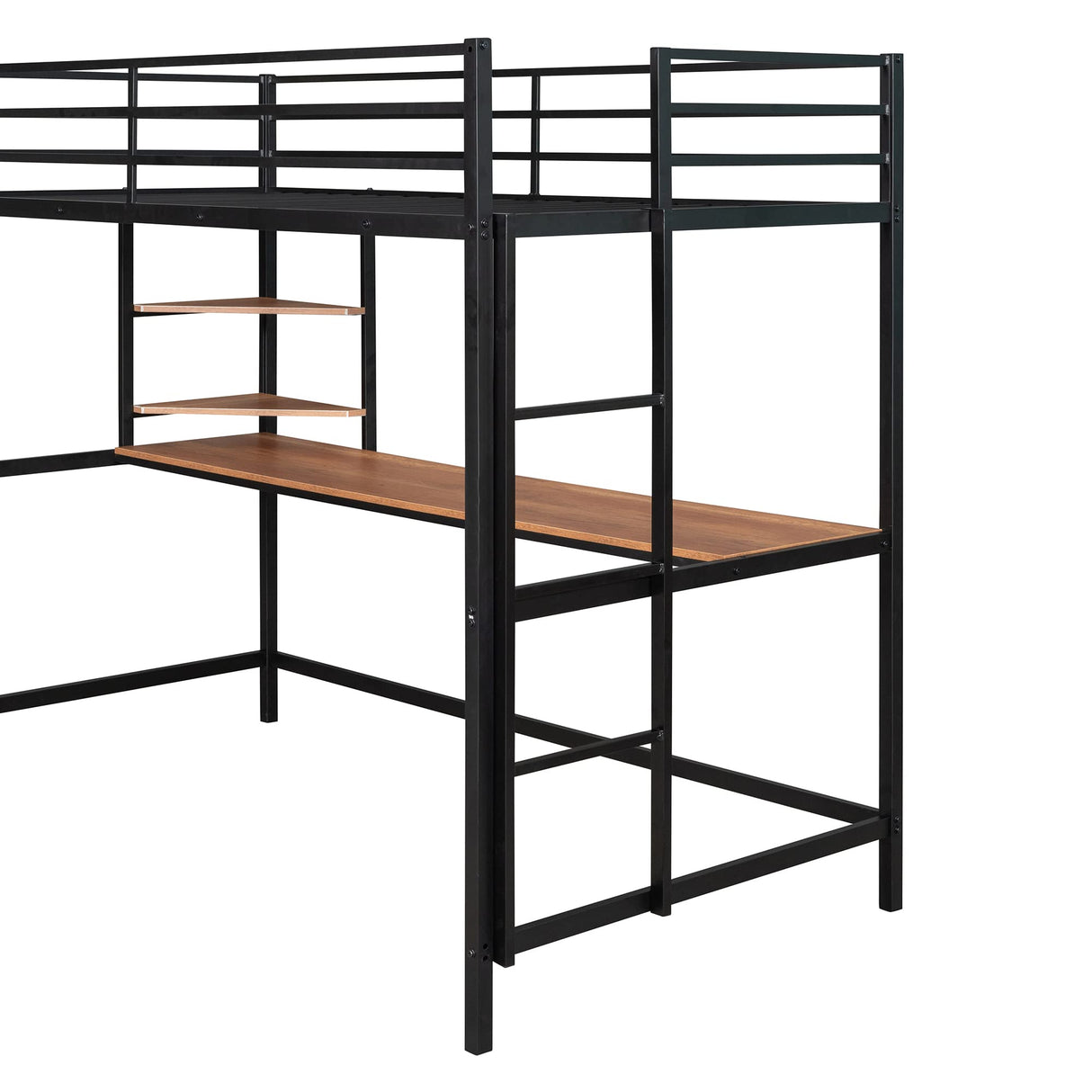 Metal Twin Size Loft Bed with Desk and Storage Shelves,Heavy Duty Loft Bed Frame with Safety Guardrail for Kids Boys Girls,Space Saving Twin,Black Bellemave