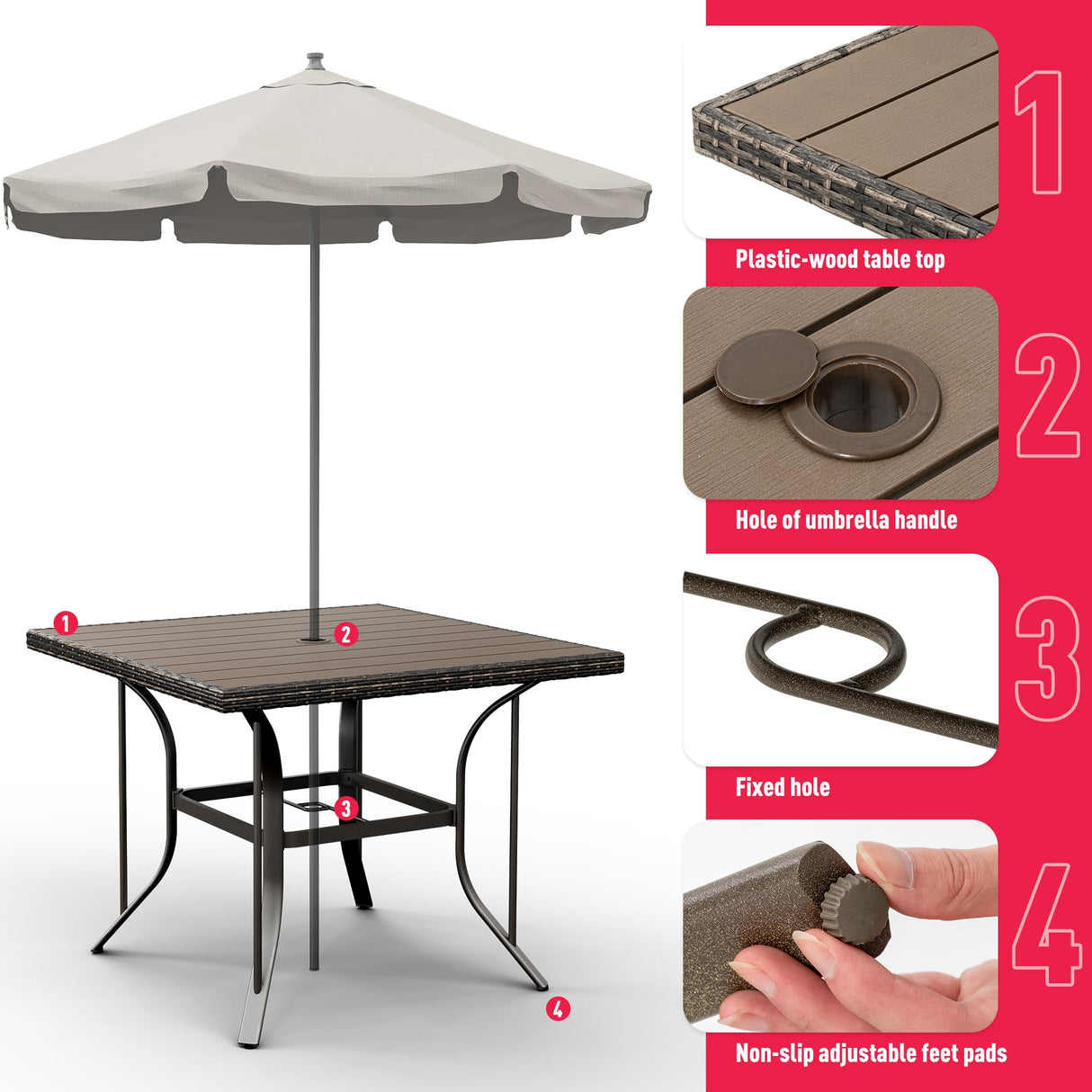 Pamapic 5 Piece Patio Dining Set for 4,Outdoor Wicker Furniture Set for Backyard Garden Deck Poolside with 4 Cushions Swivel Rocker Chairs,Square Plastic-Wood Table Top, Removable Cushions(Beige) Pamapic