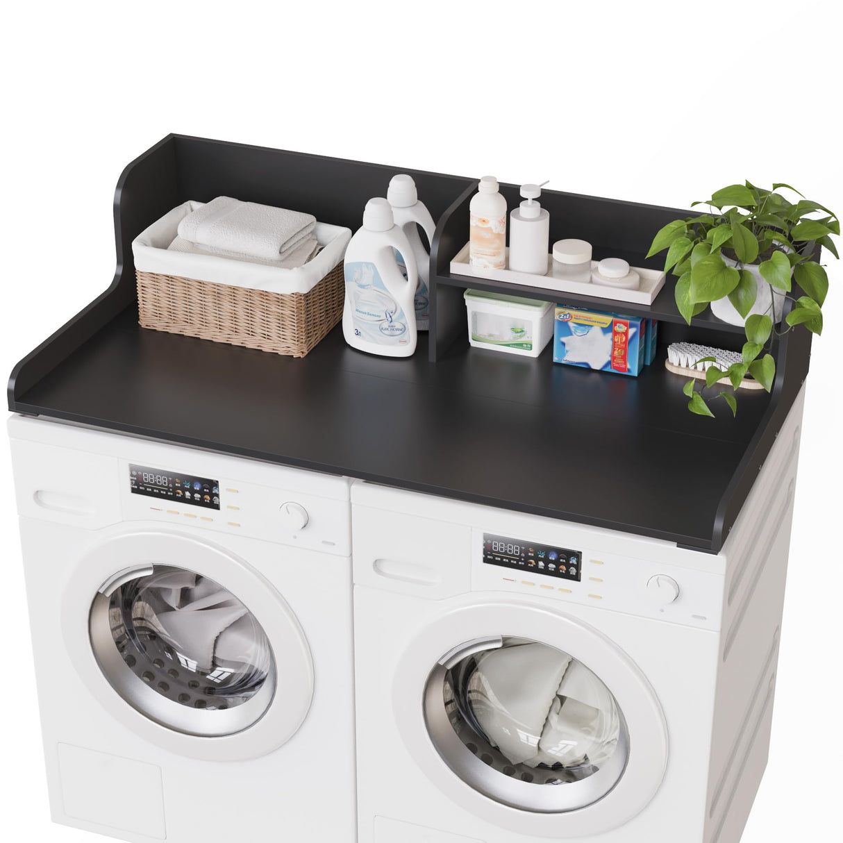 DTK Washer Dryer Wood Countertop with Shelf, Laundry Topper with Non-Slip Mat,27.55" Depth x 54" Width Dryer Covers for The Top with Edge Rails, Black DTK