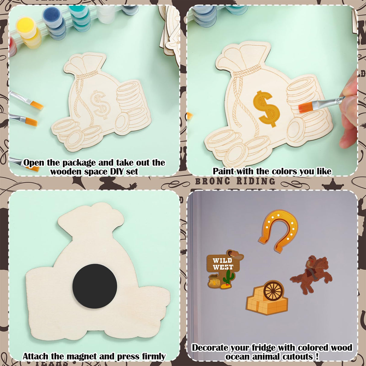 JellyArch 24 Pcs West Cowboy Painting Kits Unfinished Wood Hat Boots Cutouts DIY Wooden Painting Bulk Crafts for Adults West Cowboy Cutouts Refrigerator Magnets for Home Decoration JellyArch