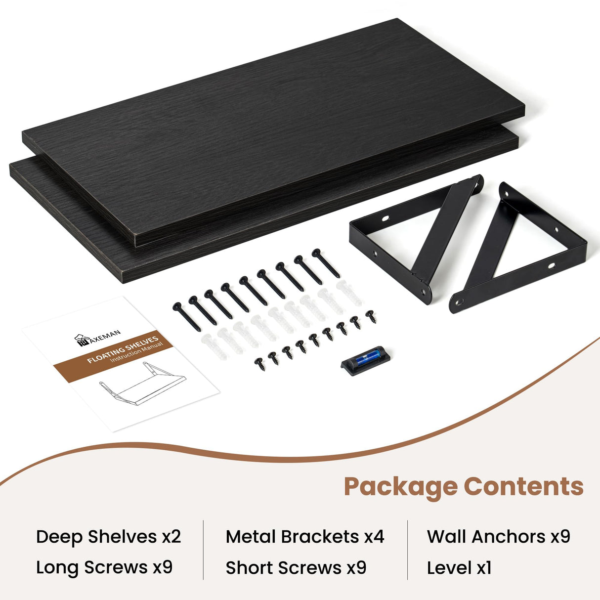 Axeman Floating Shelves for Wall, 8 Inch Deep Black Floating Shelves Set of 2, 16W x 8D Wall Mounted Black Shelves for Bookshelf Living Room Bedroom Home Office Bathroom - Black Axeman