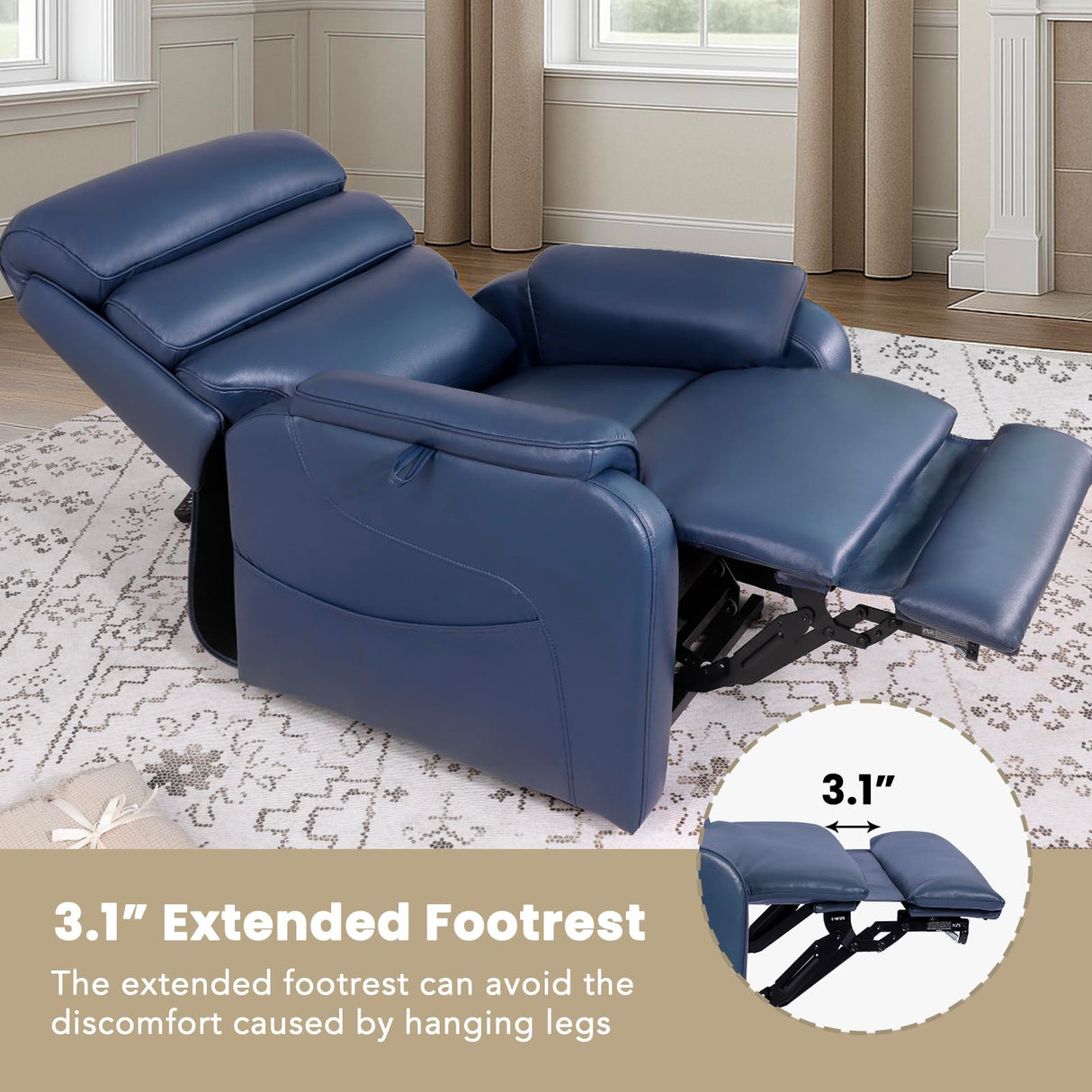 EONIX Dual Motor Lay Flat Power Lift Recliner Chair for Elderly, Electric Faux Leather Lift Chairs for Adults, 400lbs Heavy Duty Power Recliner Lift Sofa with Heat and Massage, Navy Blue EONIX