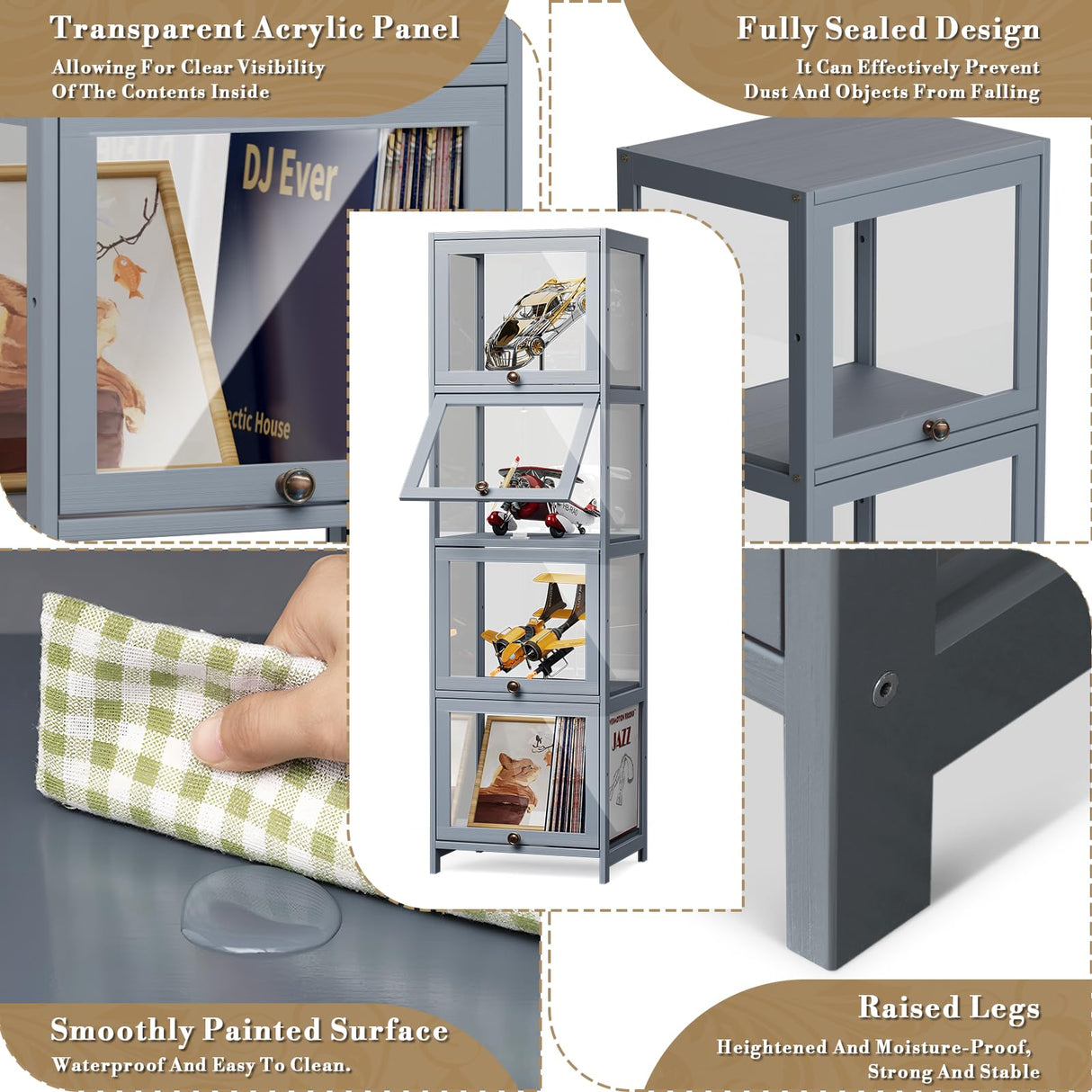 Athena Collection Curio Display Cabinet, 4-Tier Acrylic Display Shelf 55” Tall Display Case for Trophy Figures Curio Collectibles Display Shelves for Living Room Bedroom, Grey Athena Collection