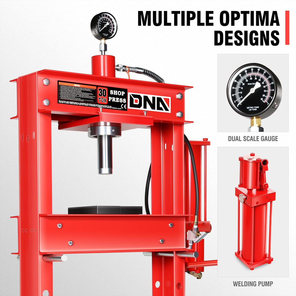 DNA MOTORING 30 Ton Air Hydraulic Shop Press with Plates, H-Frame Garage Floor Press, 30T / 66139lbs, Adjustable Working Table Height, TOOLS-00292, Red DNA MOTORING