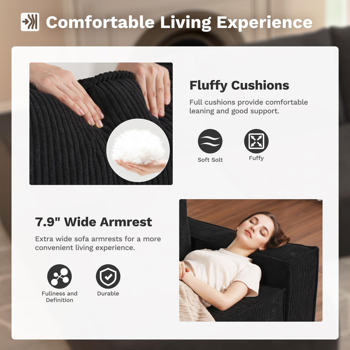 ovios Modular Sectional Sofa Couch, L-Shaped Minimalist Couches with 2 Ottomans Chaise, Comfy Deep Seat Cloud Plush Corduroy Living Room Sofas Set, 6 Seat Large Cushions, Black ovios