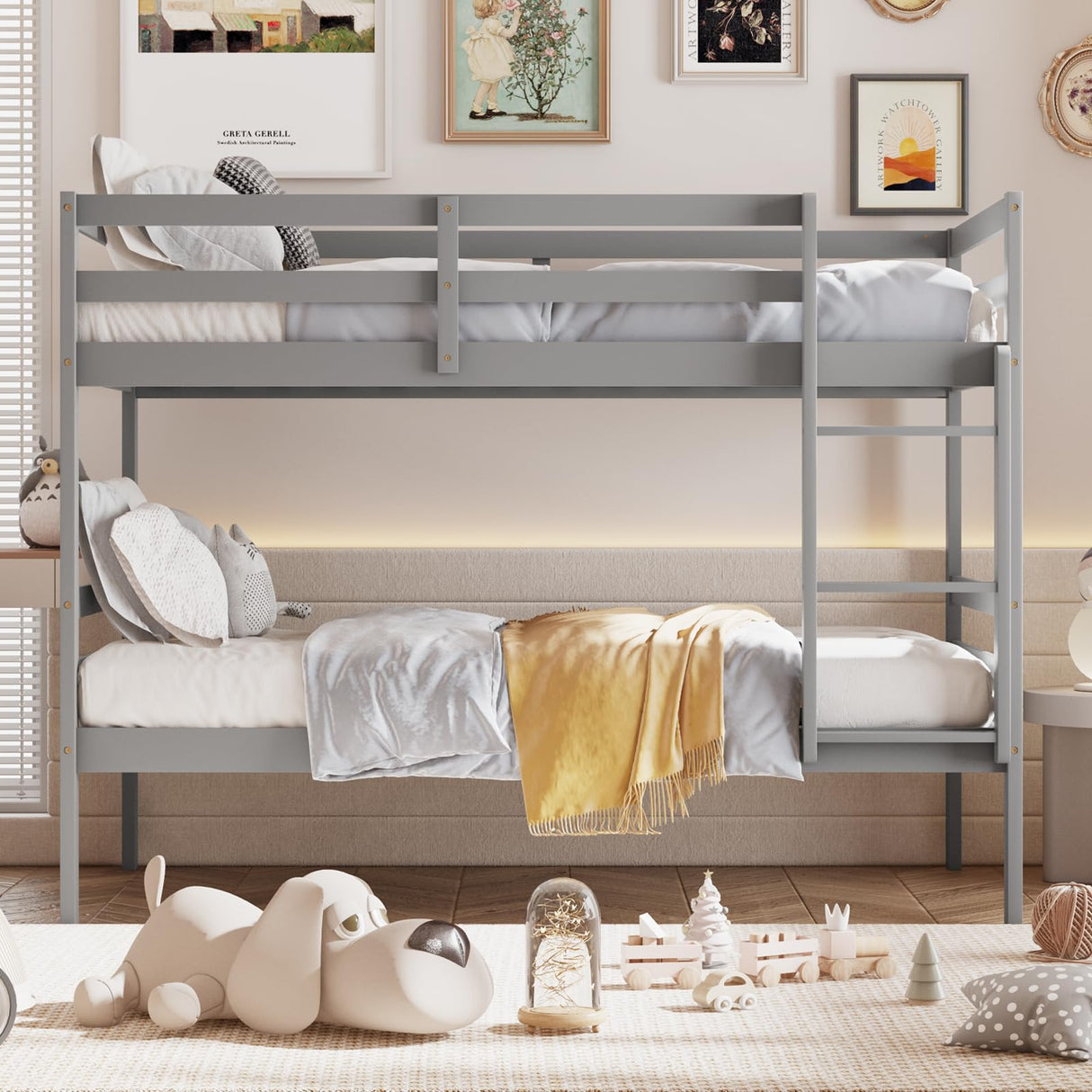 Giantex Twin Over Twin Solid Wood Bunk Bed with Safety Guard Rails and Ladder in Grey Giantex