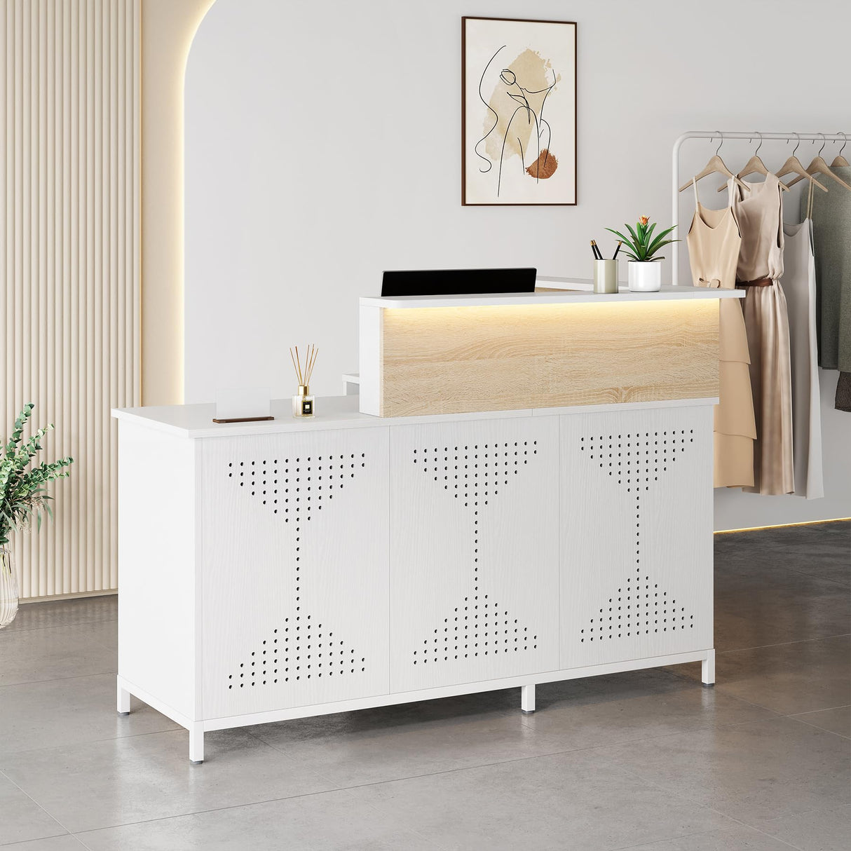 Condemo L-Shaped Reception Desk with LED Lights, 60 inch Modern Front Desk, Checkout Counter Table for Office, Lobby, Cafe, Beauty Salon, White and Light Brown Condemo