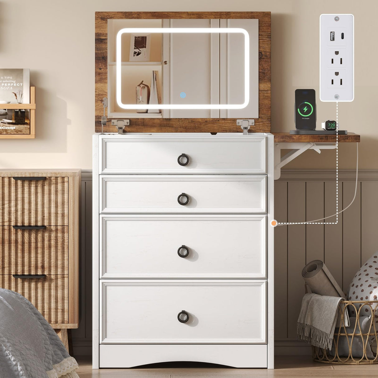 AMERLIFE 3-in-1 Makeup Vanity with Sliding Stool, Fold-up Panel, Divided Storage & Power Port, Farmhouse Makeup Table with Adjustable LED Light, for Small Space, White & Barnwood AMERLIFE