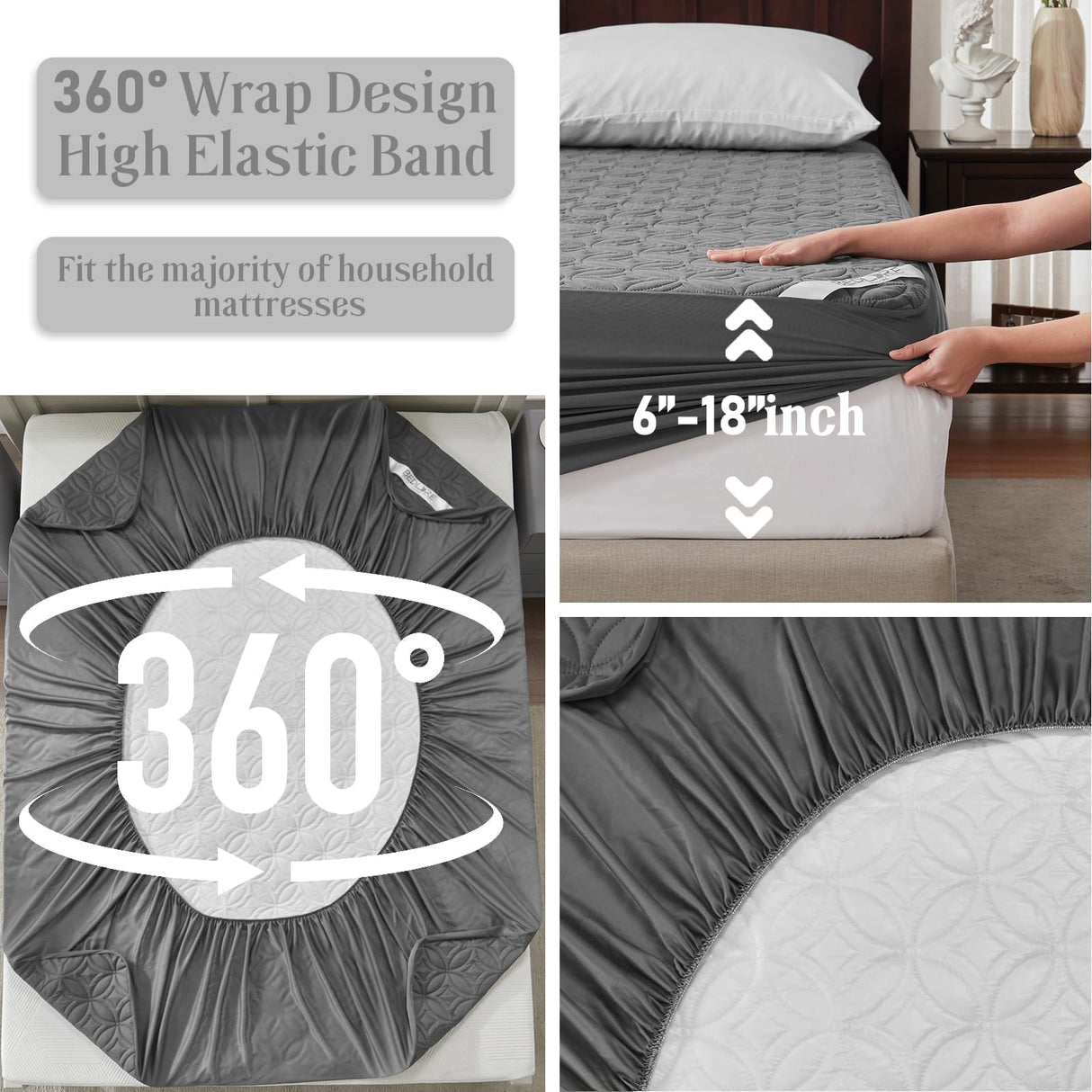 BEDLORE Waterproof Mattress Protector, King Size Mattress Pad with Deep Pocket 6"-18" Depth, Soft Noiseless Dirt-Proof Bed Mattress Cover Washable for Home, Bedroom, Hotel (Gray) BEDLORE