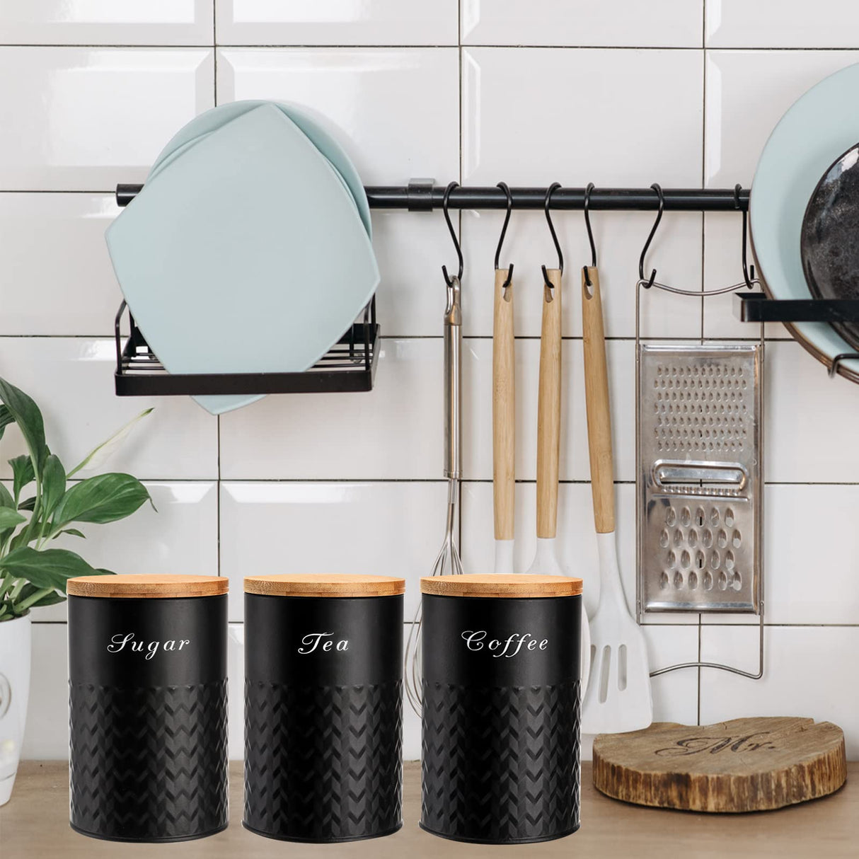 Bekith 3 Pack Kitchen Canisters with Bamboo Lids, Airtight Metal Canister Set, Food Storage Containers Jars for Coffee, Sugar, Tea, Flour, Rustic Farmhouse Kitchen Decor Containers, Black Bekith