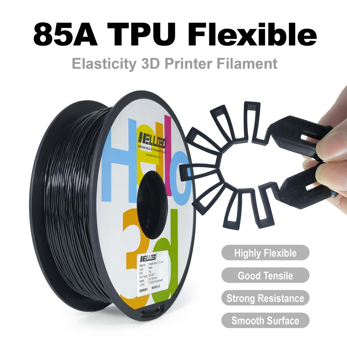 HEllO3D TPU Filament 1.75mm Flexible 3D Printer Filament,85A Soft 3D Printer Filament,TPU Elastomer 3D Filament,Vacuum Packed,Dimensional Accuracy +/- 0.05mm,1Kg Spool (1KG)(Black) HELLO3D