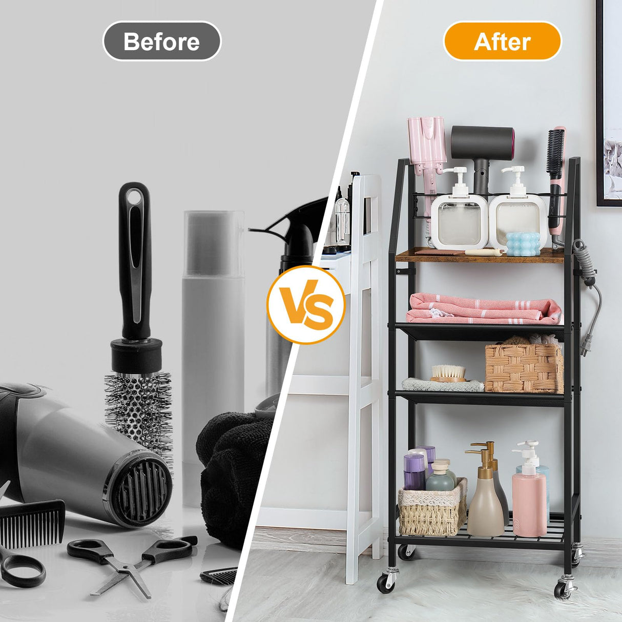 OYEAL Bathroom Storage Cart with Wheels Rolling Bathroom Shelves Slim Freestanding Bathroom Towel Storage Organizer with Hair Tool Holder for Small Spaces, Rustic Brown OYEAL