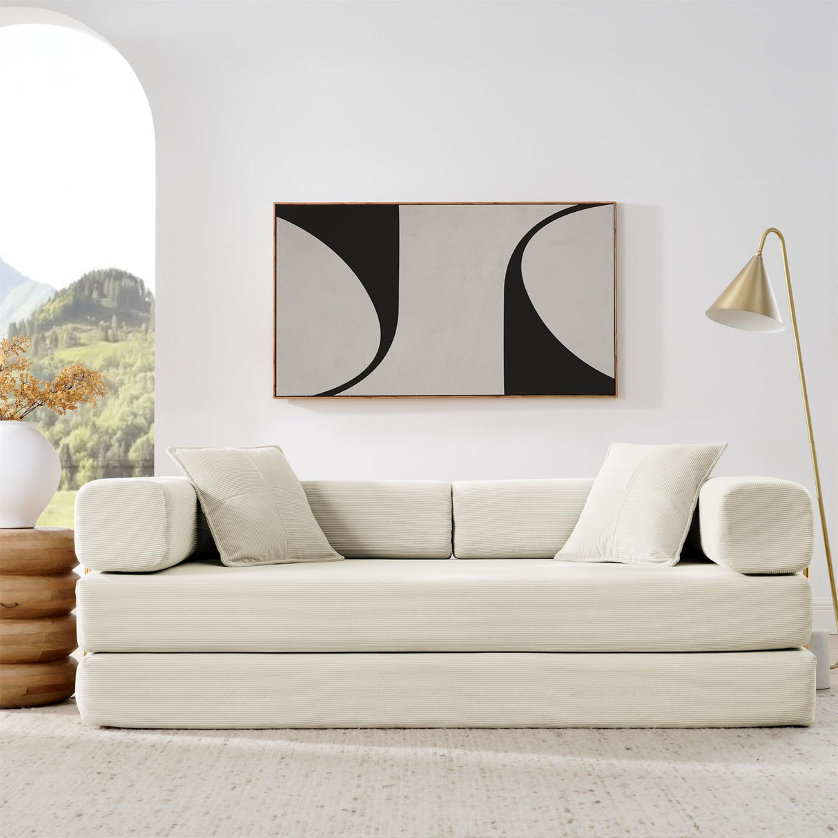 4-in-1 Folding Convertible Sofa Bed, 78 Inch Boneless Couch with Fixed-Shape Frame, Corduroy Loveseat Sleeper with Pull Out Bed, Floor Sofa Modular Futon Couch for Living Room Bedroom Lounge (Beige) ivoros