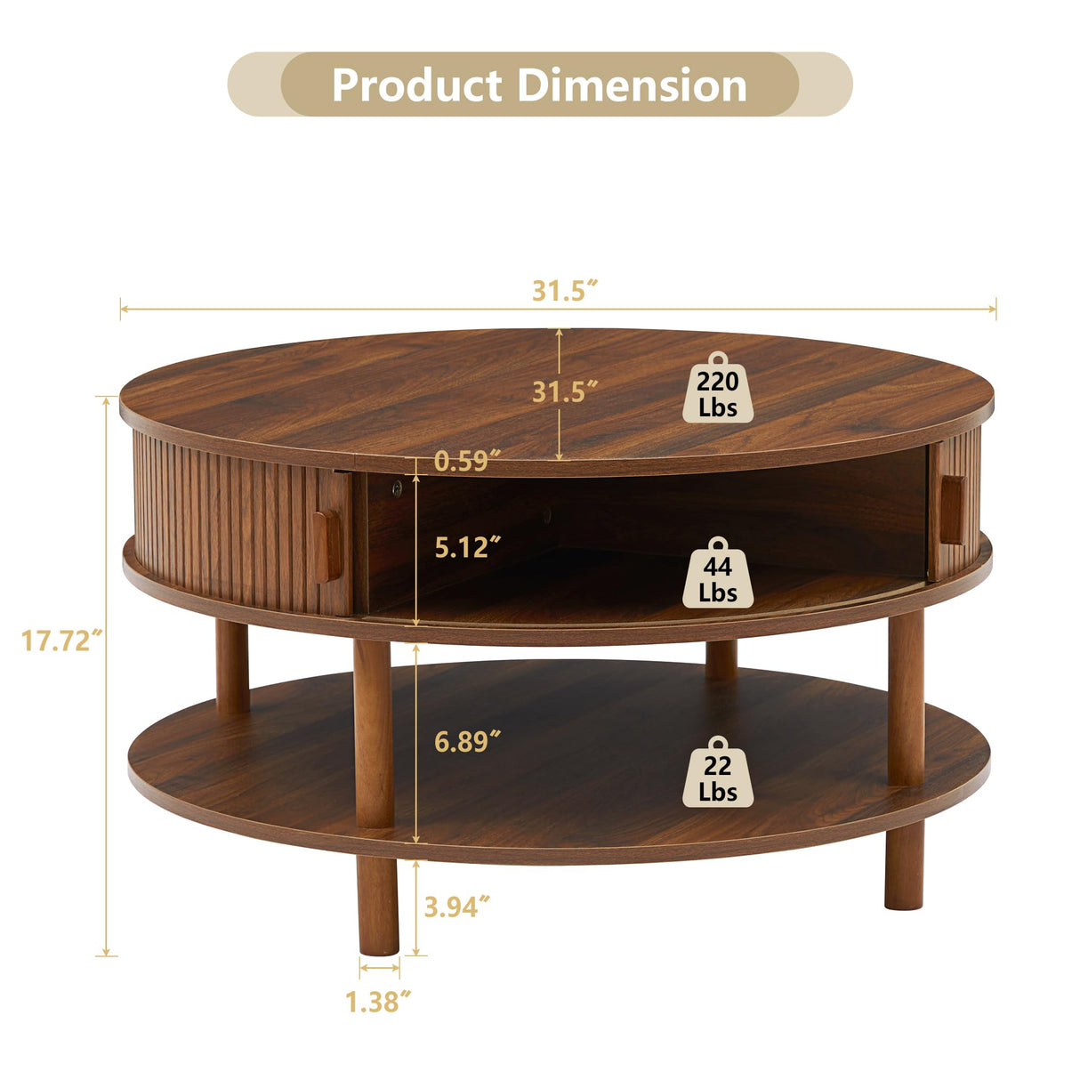 XUZENEST 31.5” Round Coffee Table with Storage, Mid Century Modern 2 Tier Coffee Table with Tambour Sliding Door, Solid Wood Legs Fluted Center Table for Living Room Home Office Small Space, Walnut XUZENEST