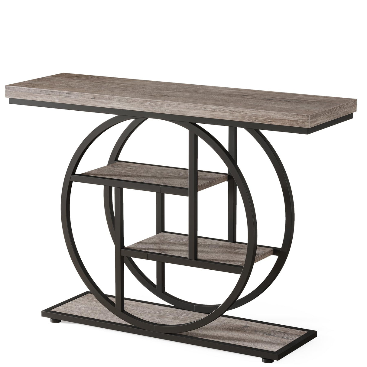 Tribesigns 41.3" Console Table, Industrial 4-Tier Sofa Table Entryway Table with Circle Base, Narrow Wood Accent Tables with Storage Shelves for Living Room, Hallway, Foyer, Gray Tribesigns