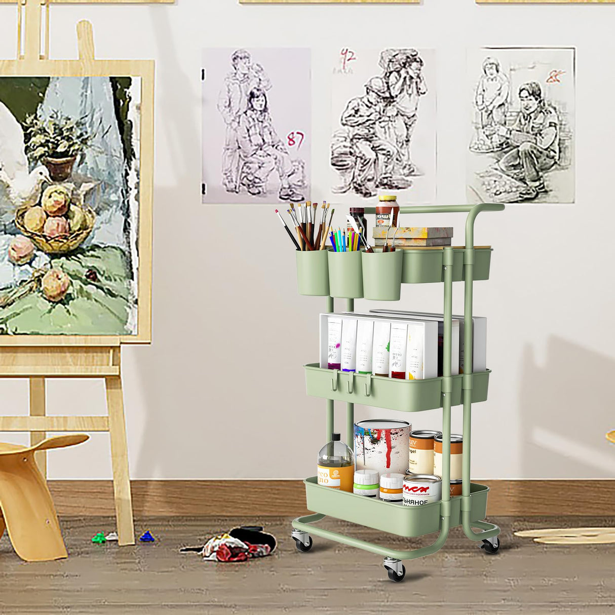 3 Tier Rolling Cart with Metal Handle, Table Top, Hanging Cups, Hooks, Plastic Storage Baskets& Wheels Lockable, Utility Cart for Bathroom Classroom Office Kitchen Pantry Organizers and Storage, Green NRSUEN