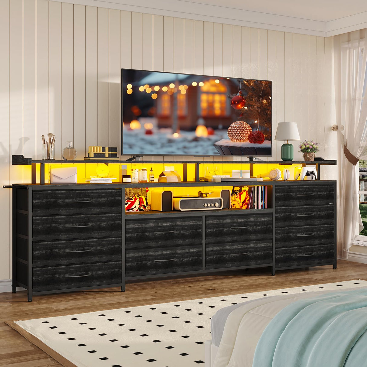 HAUOMS TV Stand & Dresser for 65 Inch TV, 63" W with LED Lights & Power Outlets, Black Long Dresser with 12 Fabric Drawers, Entertainment Center with Shelves, for Bedroom HAUOMS