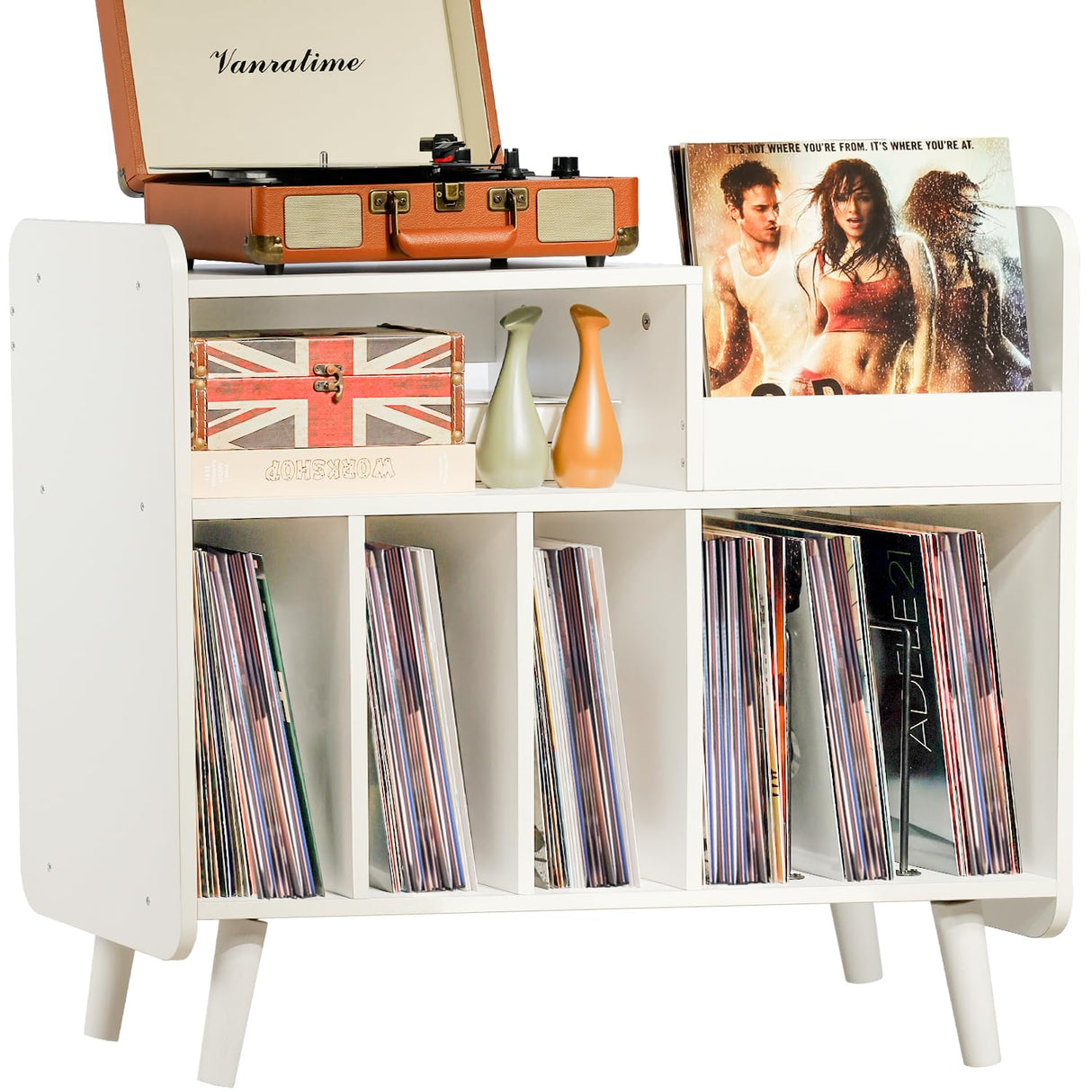 UODERS Record Player Stand, Large Record Player Table Cabinet with Open Vinyl Storage and Display Shelf Holds up to 350 Albums, Mid Century Wood Turntable for Living Room, Bedroom (White) UODERS