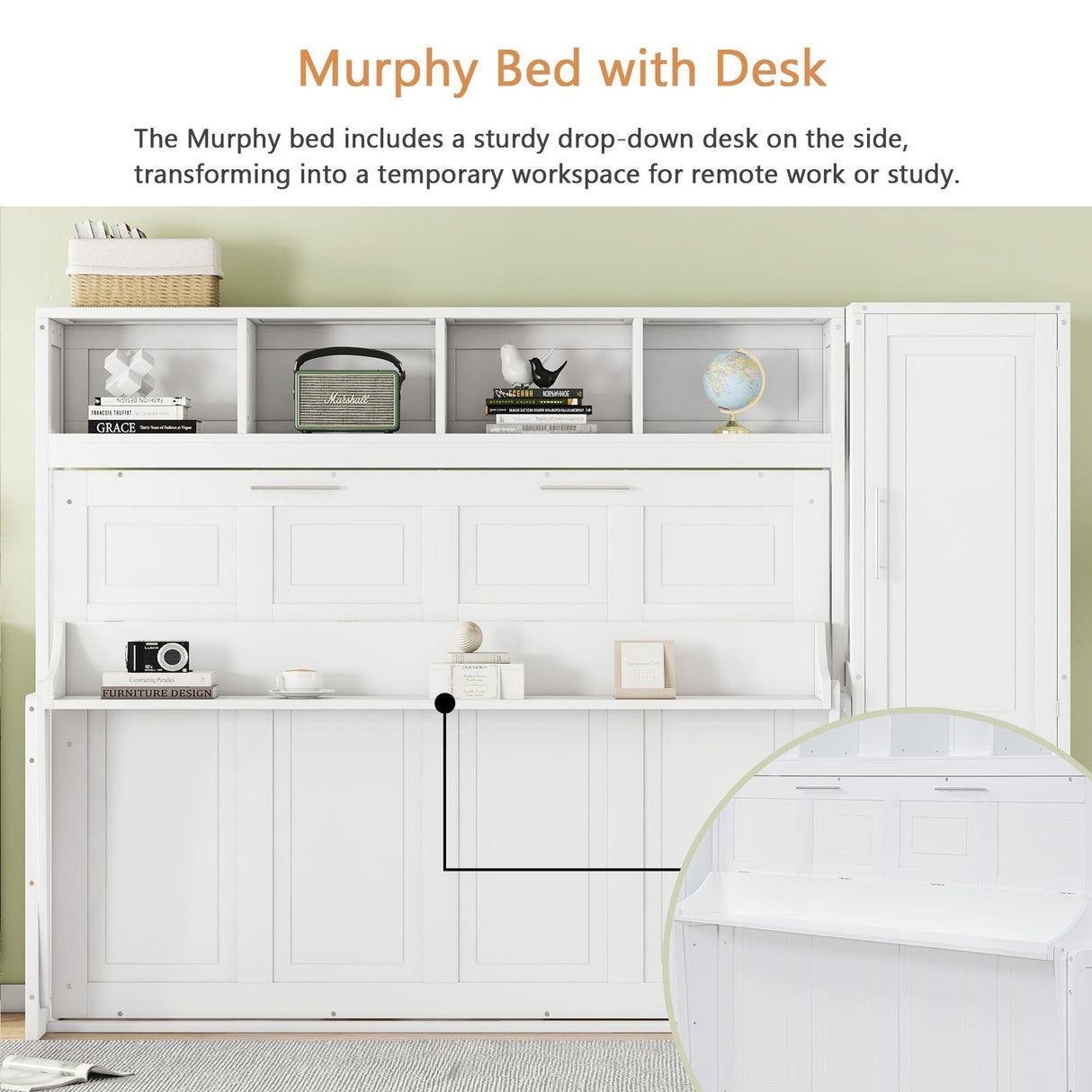 Linique Full Size Murphy Cabinet Storage Wall Bed with Closet and Drawers and Built-in Top Shelf,Hide a Bed on a Wardrobe Space Saving Design,White Linique