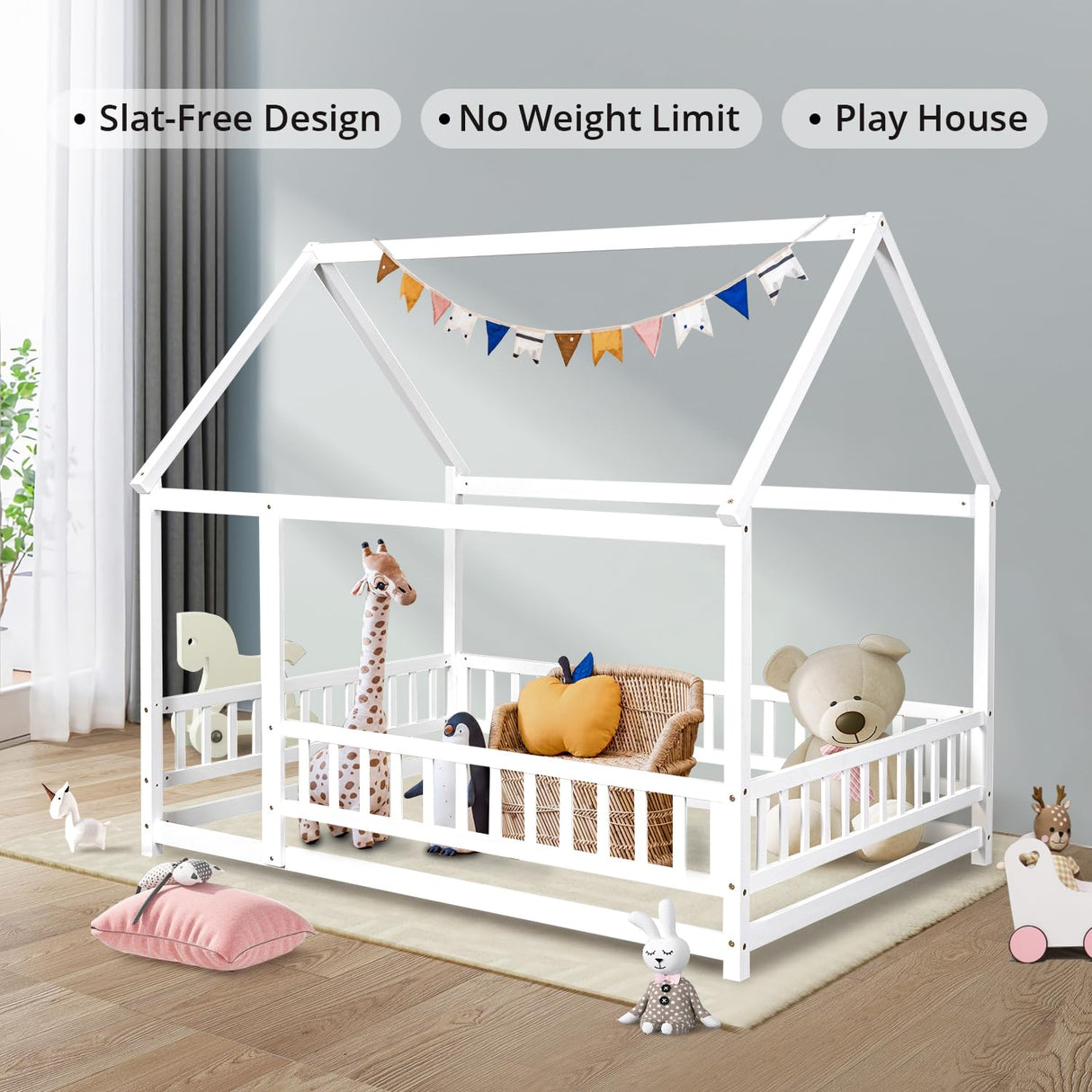 LLS Full Size White Montessori House Bed Frame with Roof and Safety Fence LLS