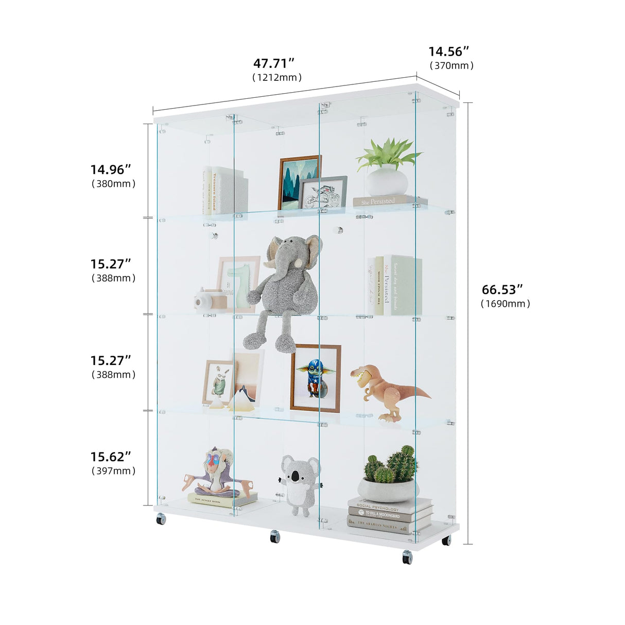 HiHomely Extra Large Glass Display Cabinet with 4 Shelves – Black Floor Standing Curio Cabinet for Living Room, Bedroom, Office – Quick Assembly White Bookshelf HiHomely