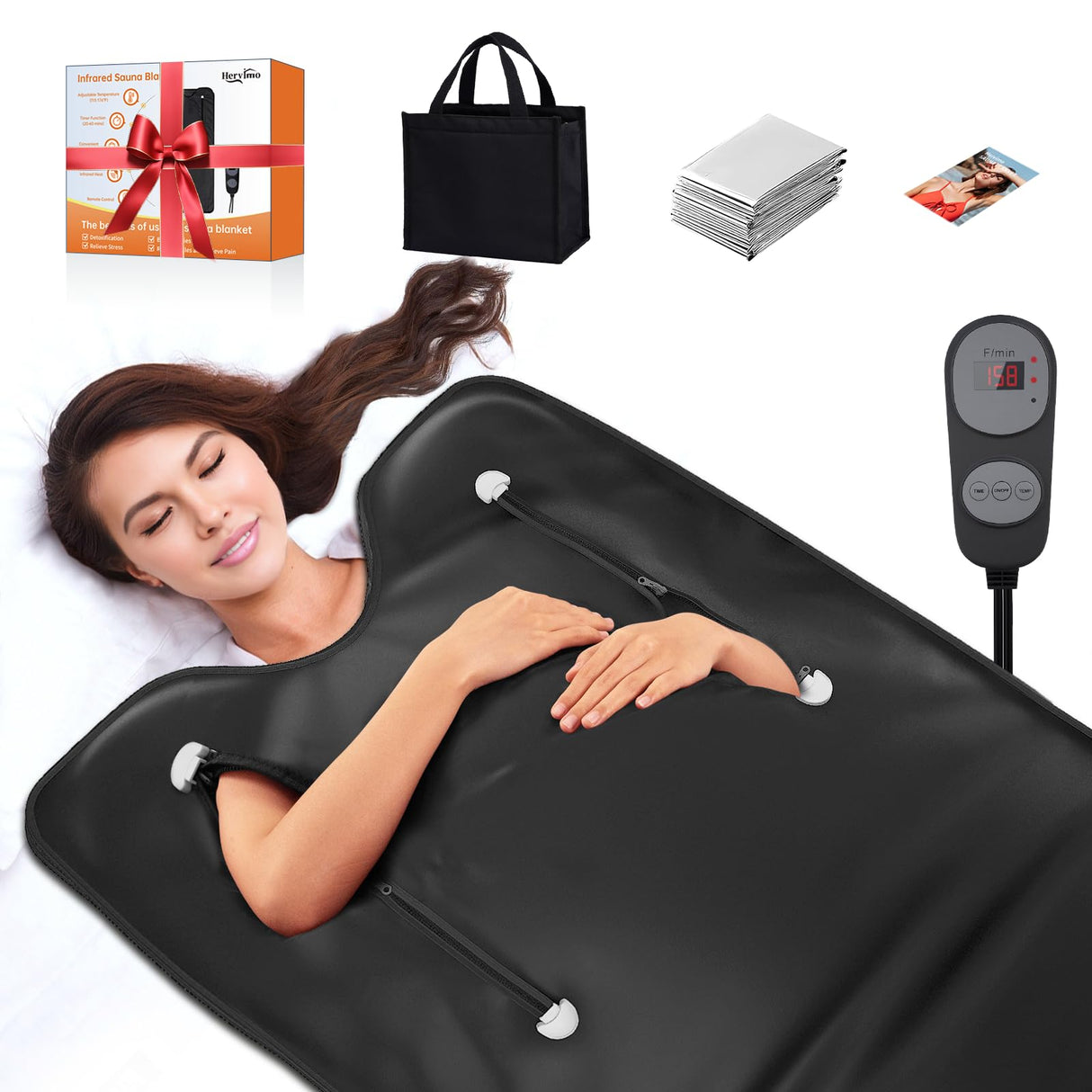 Infrared Sauna Blanket, Portable Far Infrared Sauna Bag Heated for Home, Personal Saunas Blanket for Detox Relaxation, 113-176℉, 20-60 Minutes Timer, 6 Ft x 2.65 Ft Hervimo