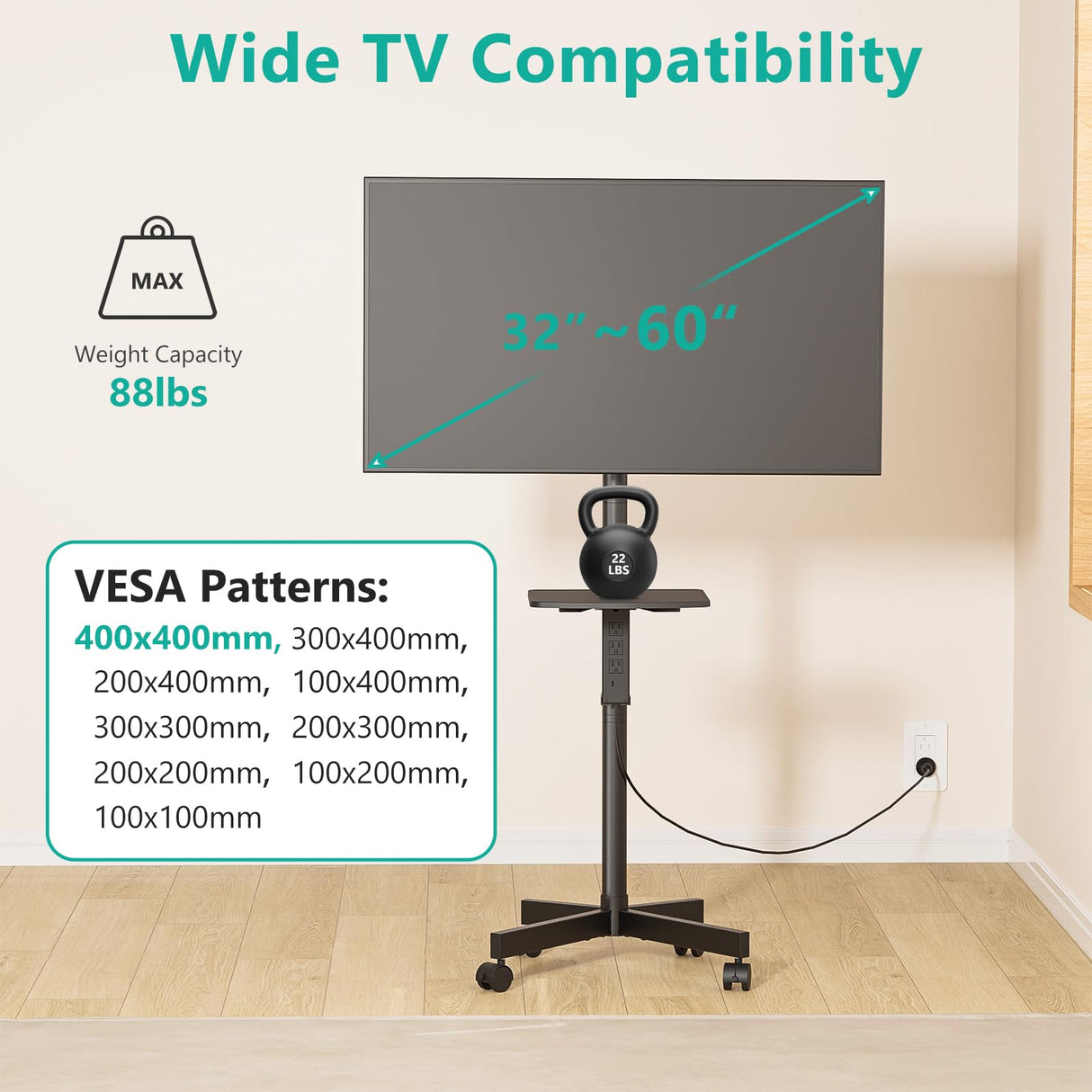 WALI Mobile TV Stand with Power Outlet, TV Cart for 23-65 inch TVs up to 88lbs, Portable Rolling TV Stand on Wheels with Height Adjustable and Tilt 20°, Max VESA 400x400mm (AVC001-P), Black WALI