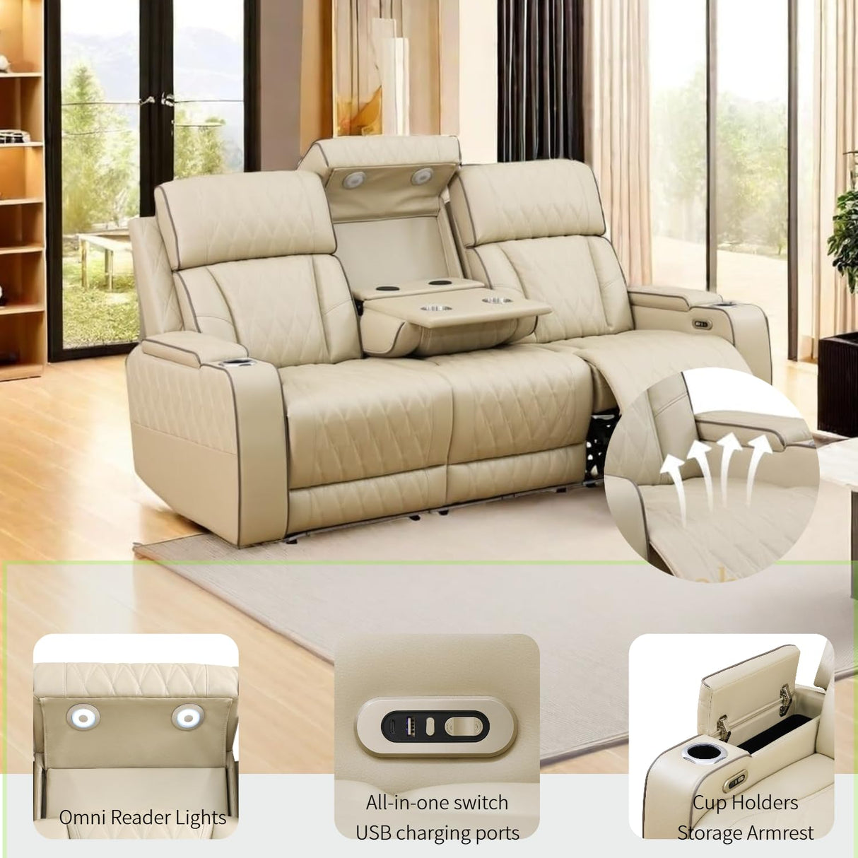 AYCP Furniture Power Recliner Set with LED Lights, Quilted Air Leather Reclining Set with USB Port/Storage/Cup Holder/Reader Light for House/Home Theater/Apt/Rv/Office (Beige, 3PC Full Set) AYCP Furniture