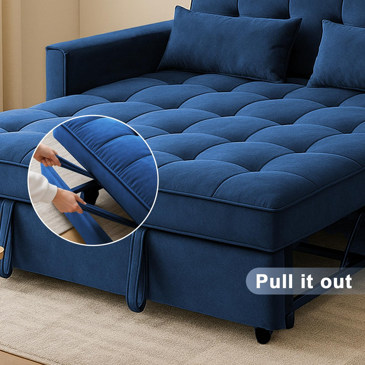 Osparple Pull-Out Convertible Loveseat Sleeper – 3 in 1 Blue Velvet Futon Sofa Bed, Love Seat Couches for Living Room Apartment, 2-Seater Sofa Bed for Small Spaces with Side Pockets & Modern Style Osparple
