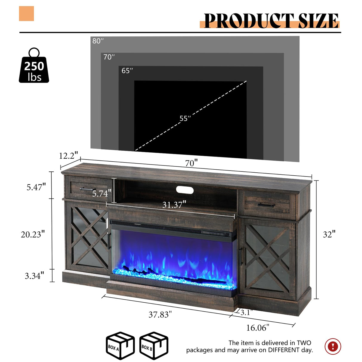 AMERLIFE Farmhouse LED Fireplace TV Stand with 3-Sided Glass Fireplace, 70" Large Entertainment Center for TVs up to 80", Rustic TV Console with Glass Door Storage for Living Room, Dark Oak Wood AMERLIFE