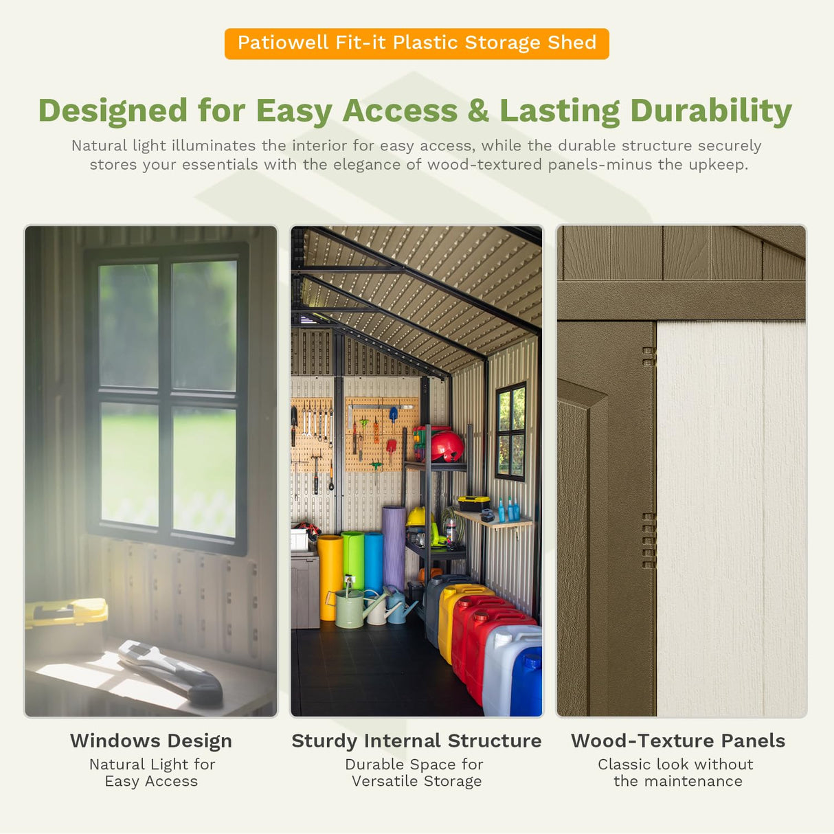 Patiowell 8 x 10 FT Resin Outdoor Storage Shed with Floor, Plastic Shed with Window and Lockable Door for Garden, Backyard, Tool Storage Use, Easy to Install in Brown (Kick-it Shed) Patiowell