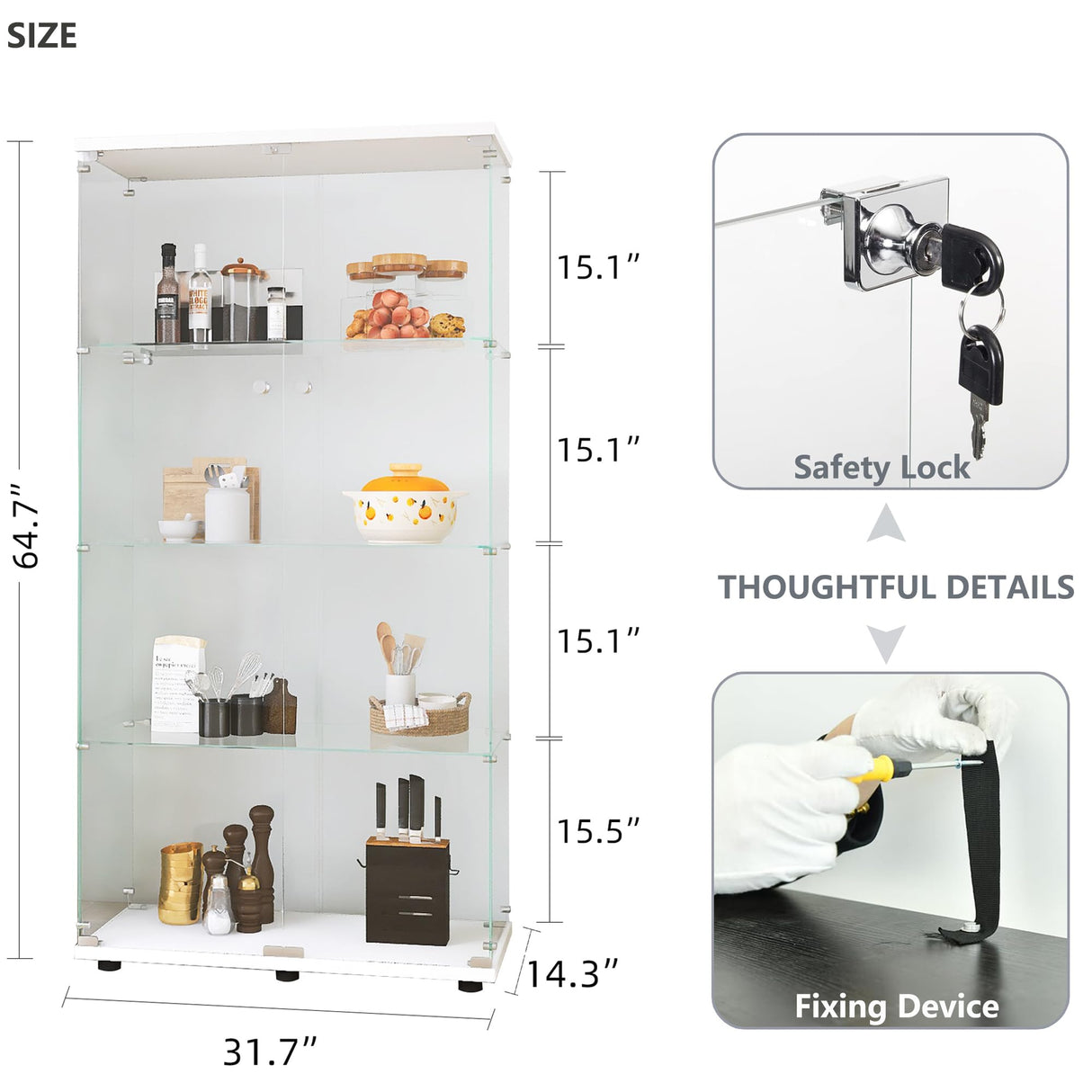 Fulocseny 64.5'' Glass Display 4-Shelf Cabinet in Clear with Two Door, White Modern Curio Cabinet Case Collection Display Case, Floor Standing Bookshelf for Living Room Bedroom Home Office (White) Fulocseny