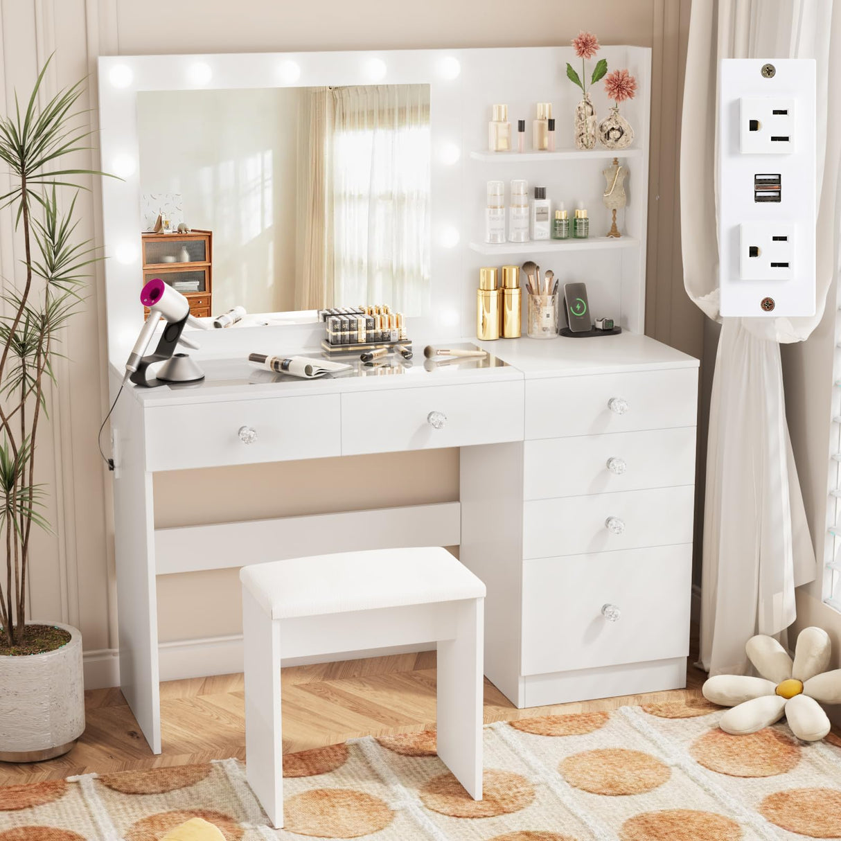 VOWNER Vanity with Lights - 47" Makeup Vanity Desk with Glass Top, 6 Drawers, 3 Storage Shelves and Outlet, 3 Color Lighting Modes with Adjustable Brightness, Makeup Desk with Stool for Bedroom, White VOWNER