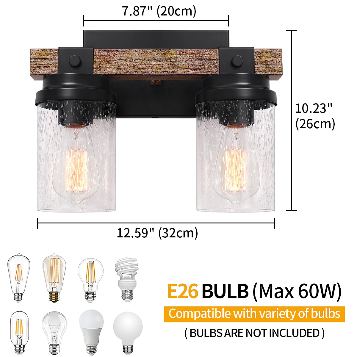 2-Light Farmhouse Vanity Lights for Bathroom, Rustic Bathroom Light Fixtures with Pretty Glass Shade, Black Industrial Wood Grain Wall Sconce for Bathroom Hallway Bedroom ZSMIHDOH