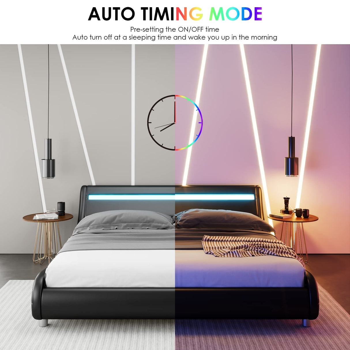 Keyluv Upholstered Full LED Bed Frame with Headboard, Modern Low Profile Platform Bed with Strong Slats Support, Faux Leather Wave-Like Bed Frame, Easy Assembly, No Box Spring Needed, Black Keyluv