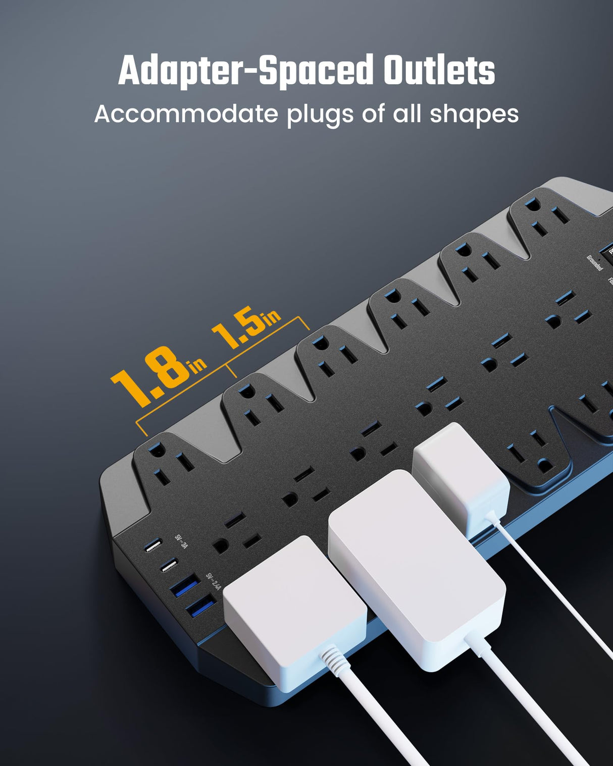 Surge Protector Power Strip, SUPERDANNY 18 AC Outlets with 4 USB Ports, 1875W/15A, 2100J, 6.5FT Flat Plug Heavy Duty Extension Cord with Wall Mount Holes for Home, Office, Gaming Room,Dorm, Black SUPERDANNY