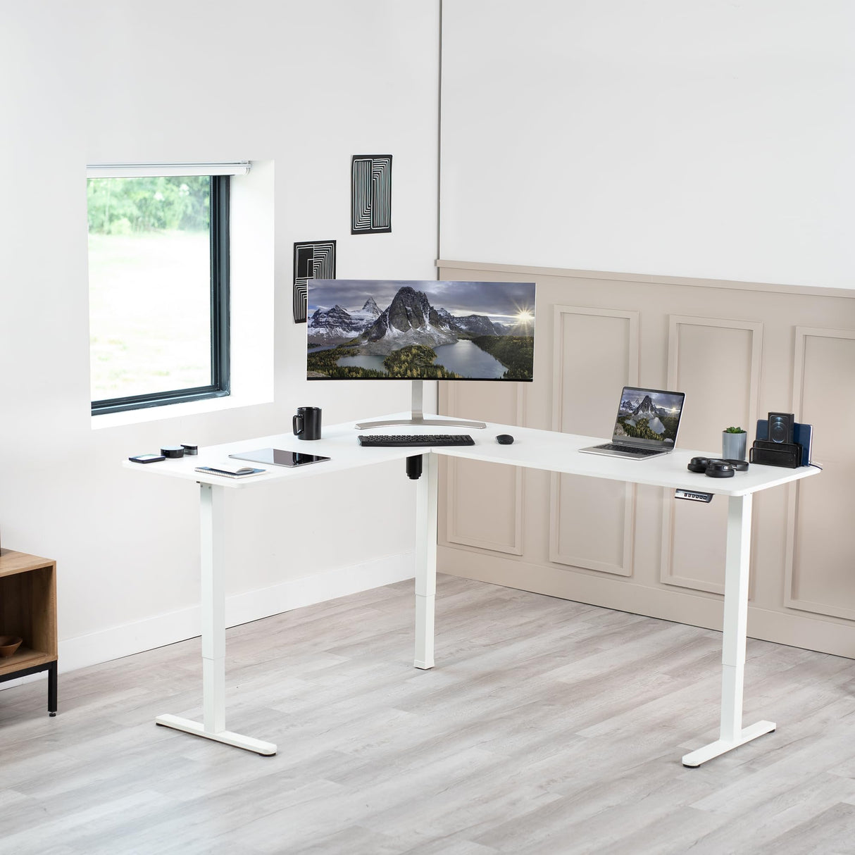 VIVO Electric Corner L-Shaped 75 x 63 inch Standing Desk, Height Adjustable, Memory Controller, White Top White Frame, DESK-E3CTW-75 VIVO